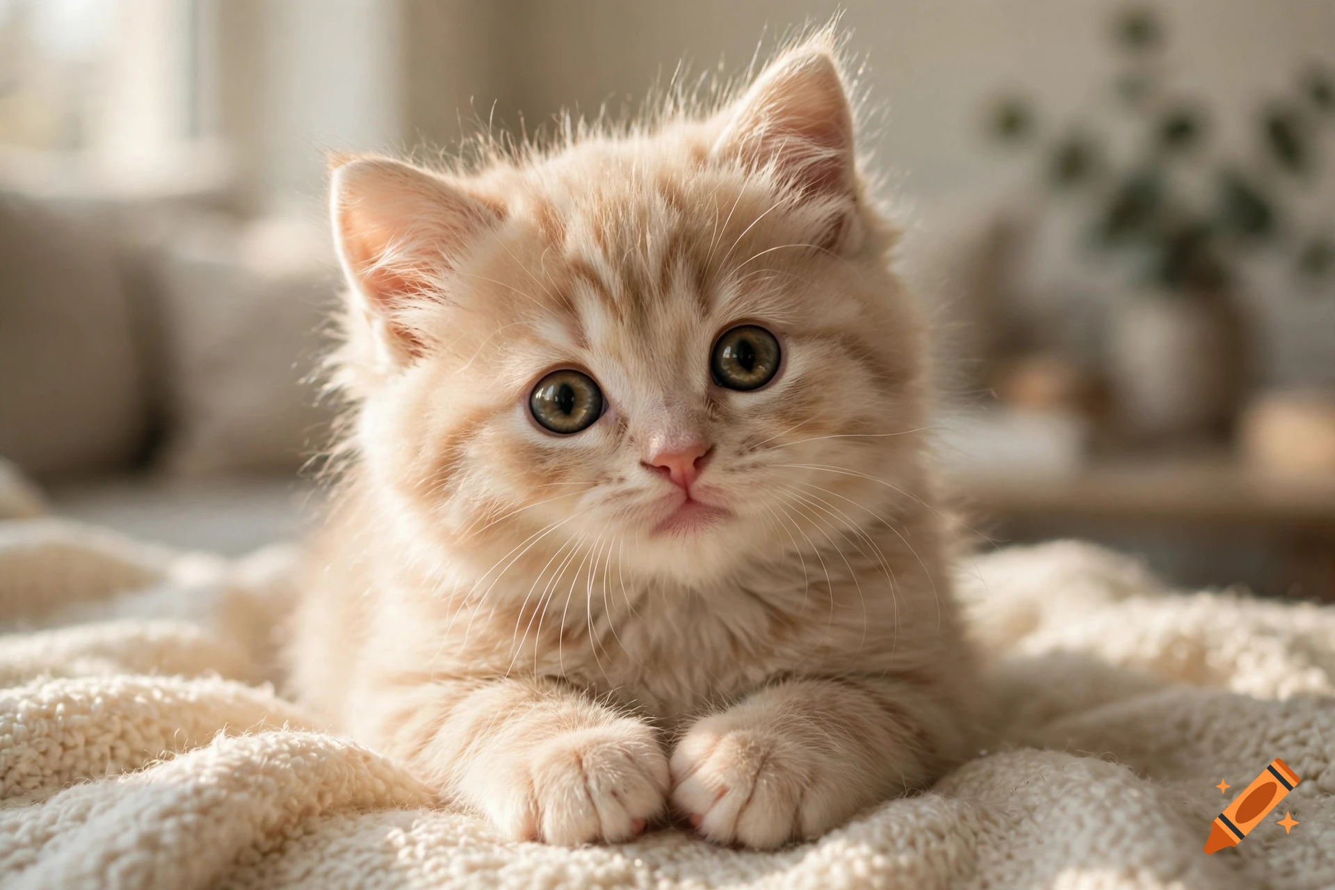 Close-up photorealistic shot of a fluffy ginger kitten lying on a beige knitted blanket.