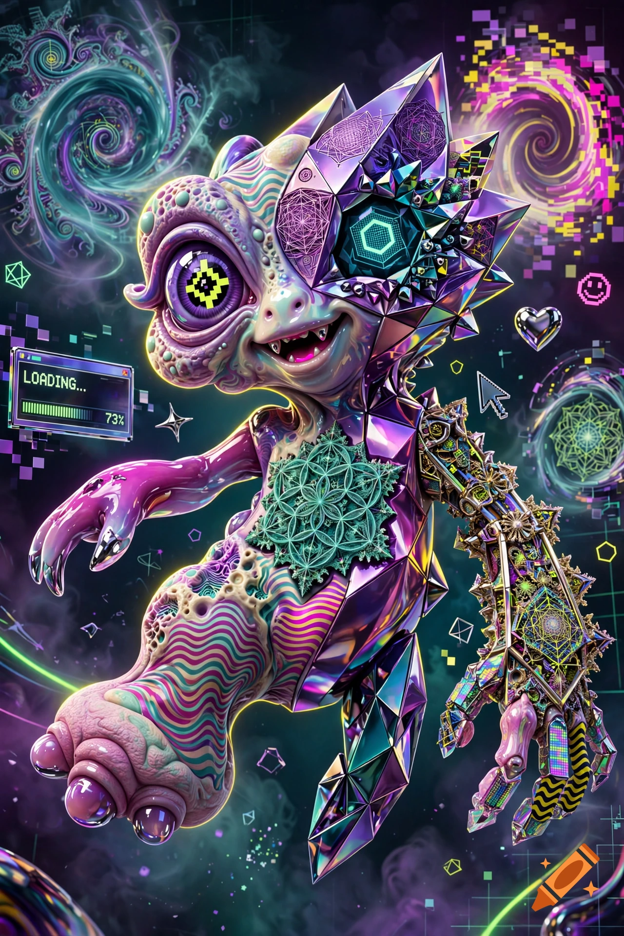 Surrealist Y2K digital creature with purple crystal facets, sacred geometry, and a loading screen on a cosmic background.