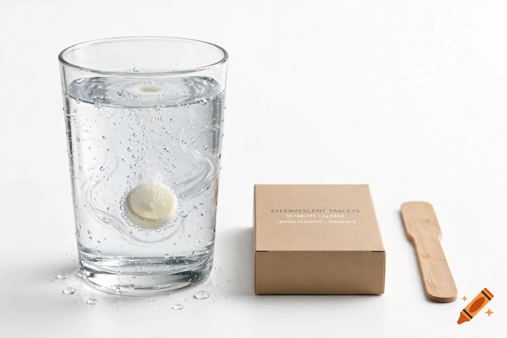 Photorealistic image of a glass of water with an effervescent tablet dissolving, next to a box of tablets and a wooden spatula on a white background.