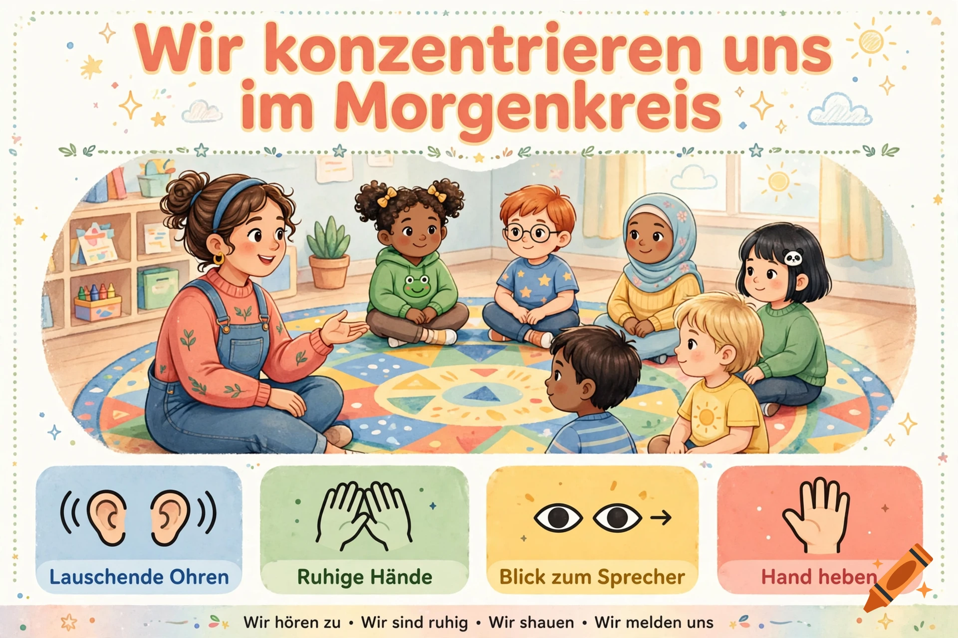 An illustration of a teacher leading a group of young children sitting in a circle on a colorful rug.