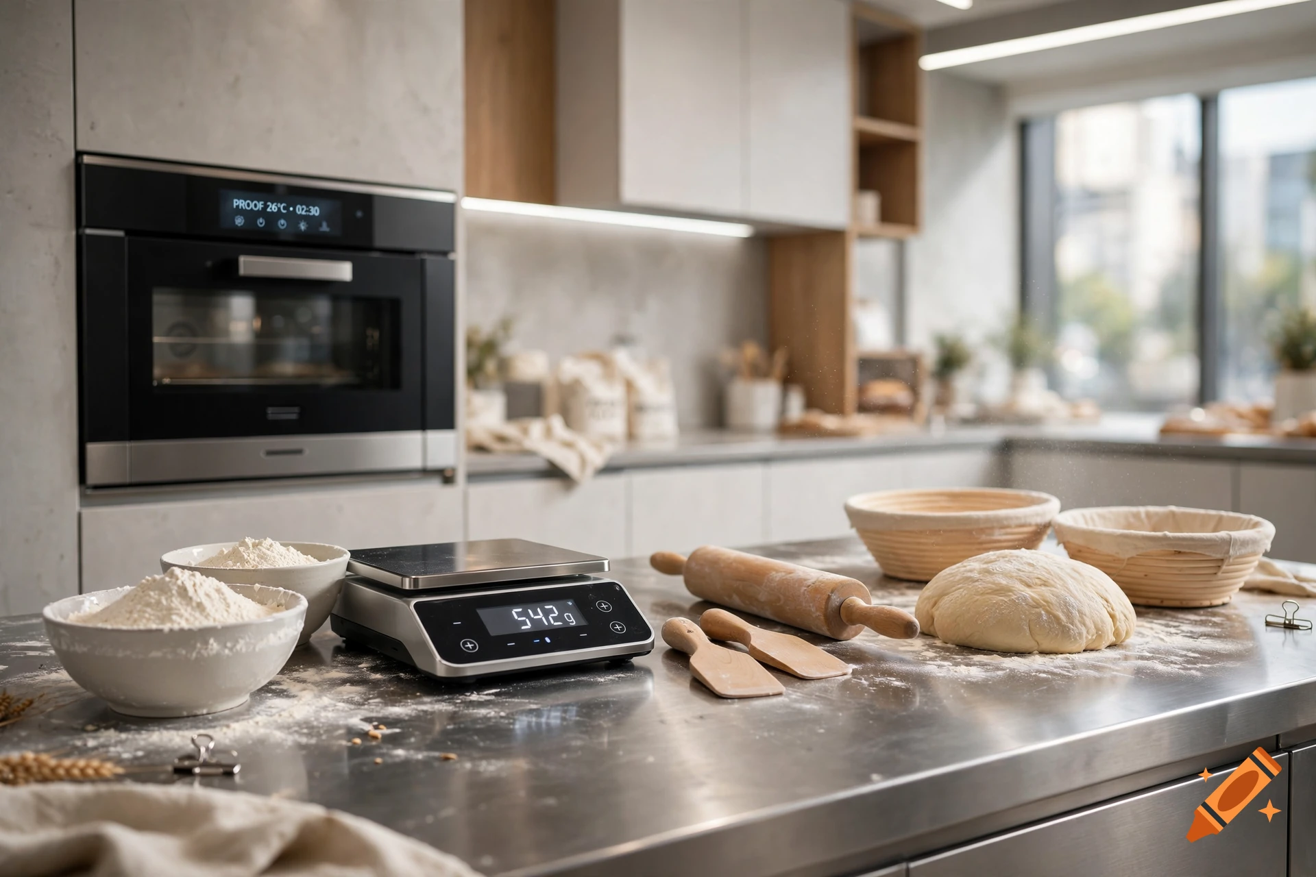 Modern stainless steel baker's countertop with digital scale reading 542g, dough, bowls of flour, and oven in the background, photorealistic.