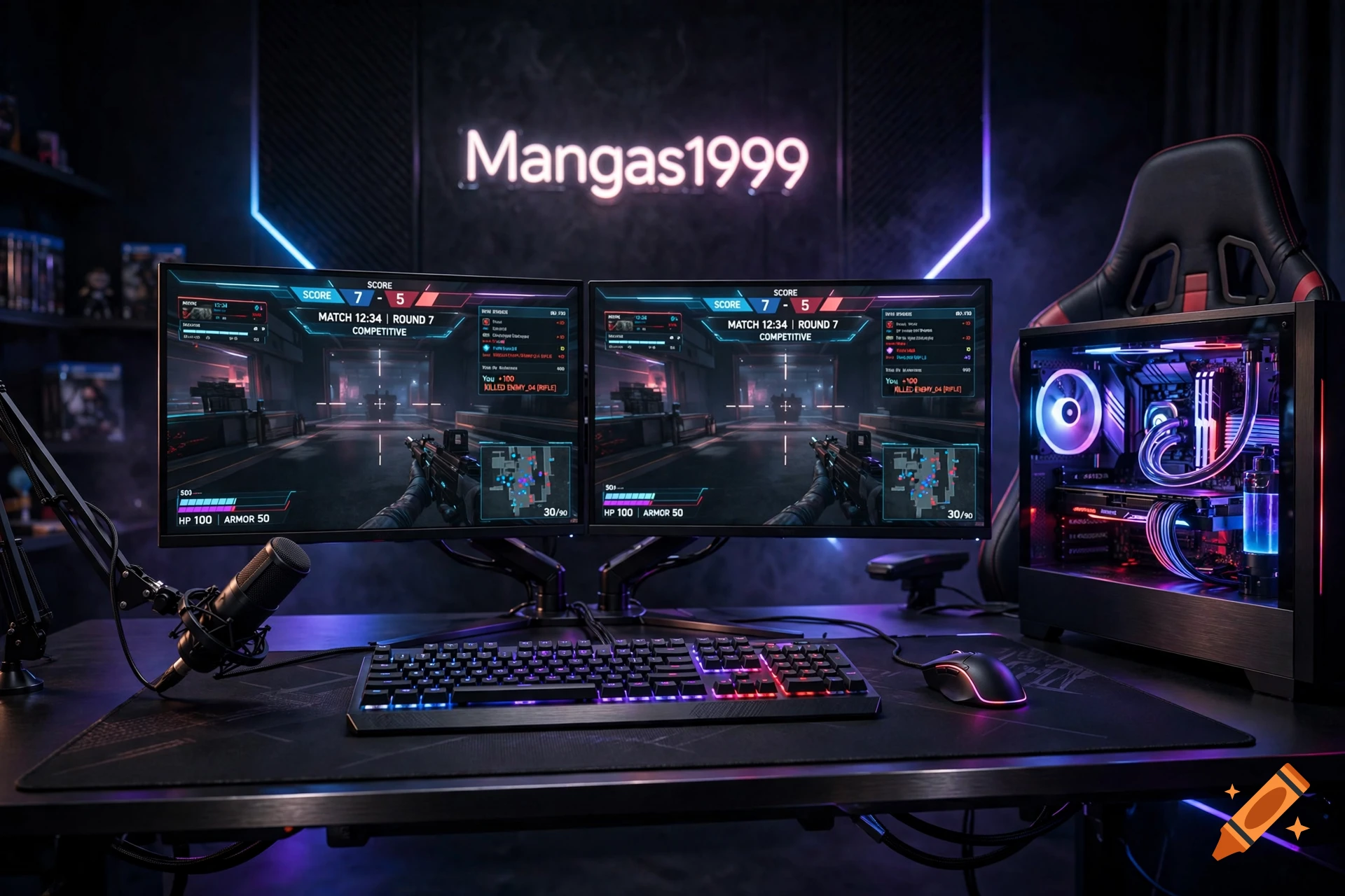 A photorealistic gaming setup featuring two monitors with gameplay, a mechanical keyboard, mouse, and PC tower with RGB lighting.
