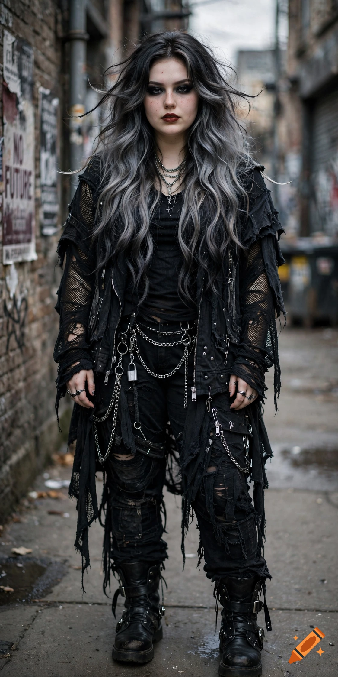 Photorealistic full-body portrait of a young woman with smoky silver and black hair, wearing grunge goth attire in an urban alleyway.