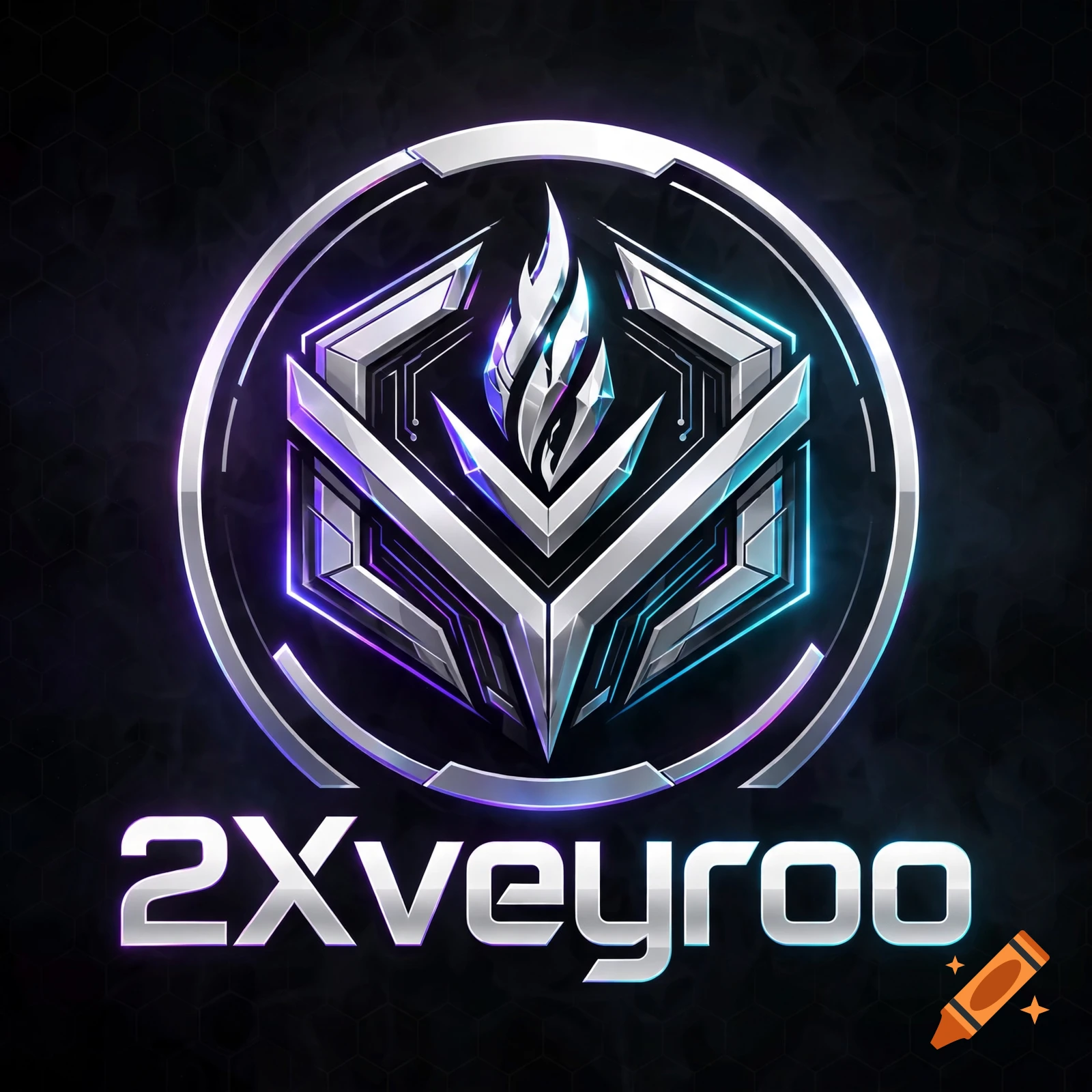 Sleek metallic Twitch profile logo with a glowing silver and blue emblem and the text '2Xveyroo' on a dark honeycomb background.