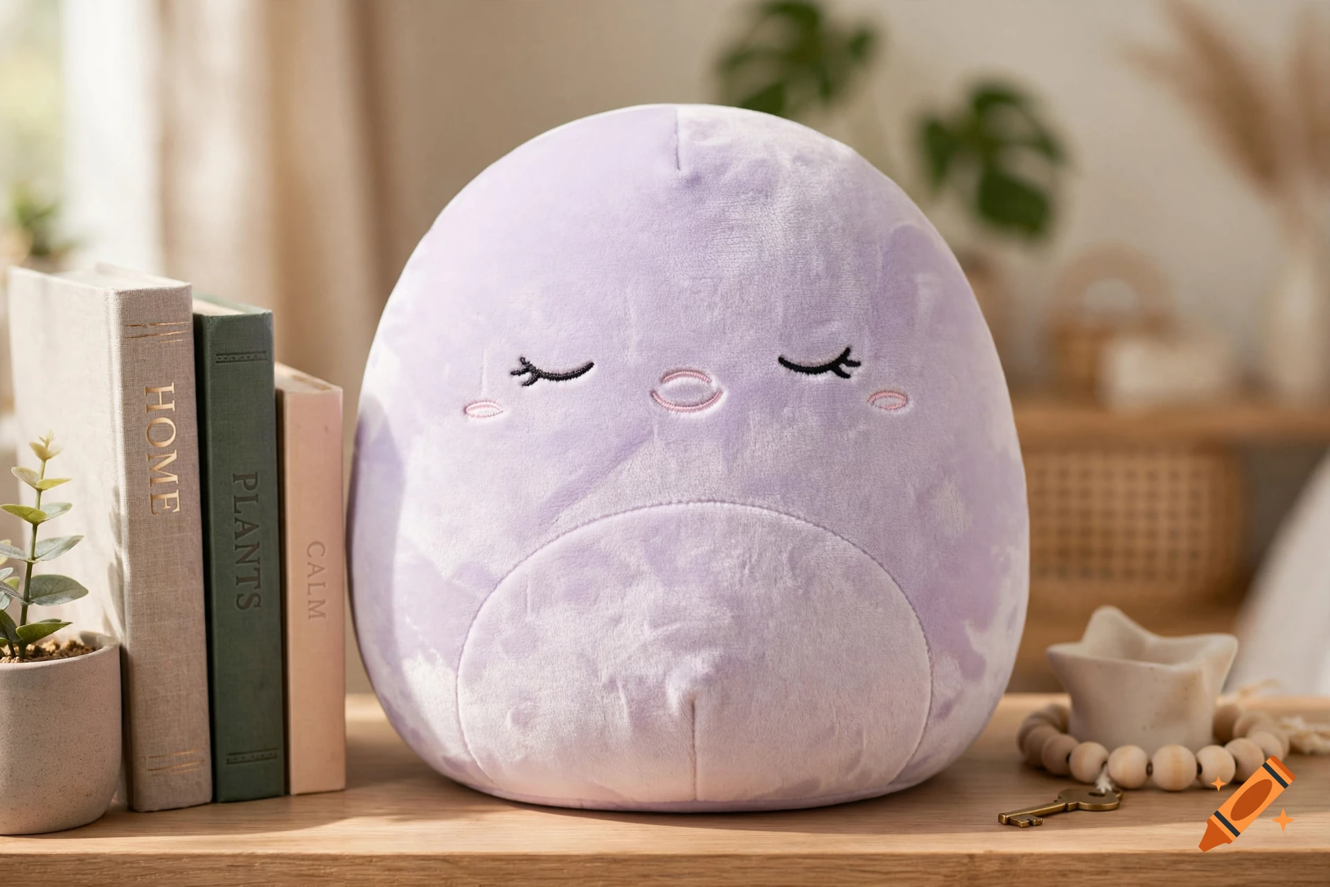 A soft purple plush toy shaped like a cute creature sitting on a wooden desk next to books and plants.