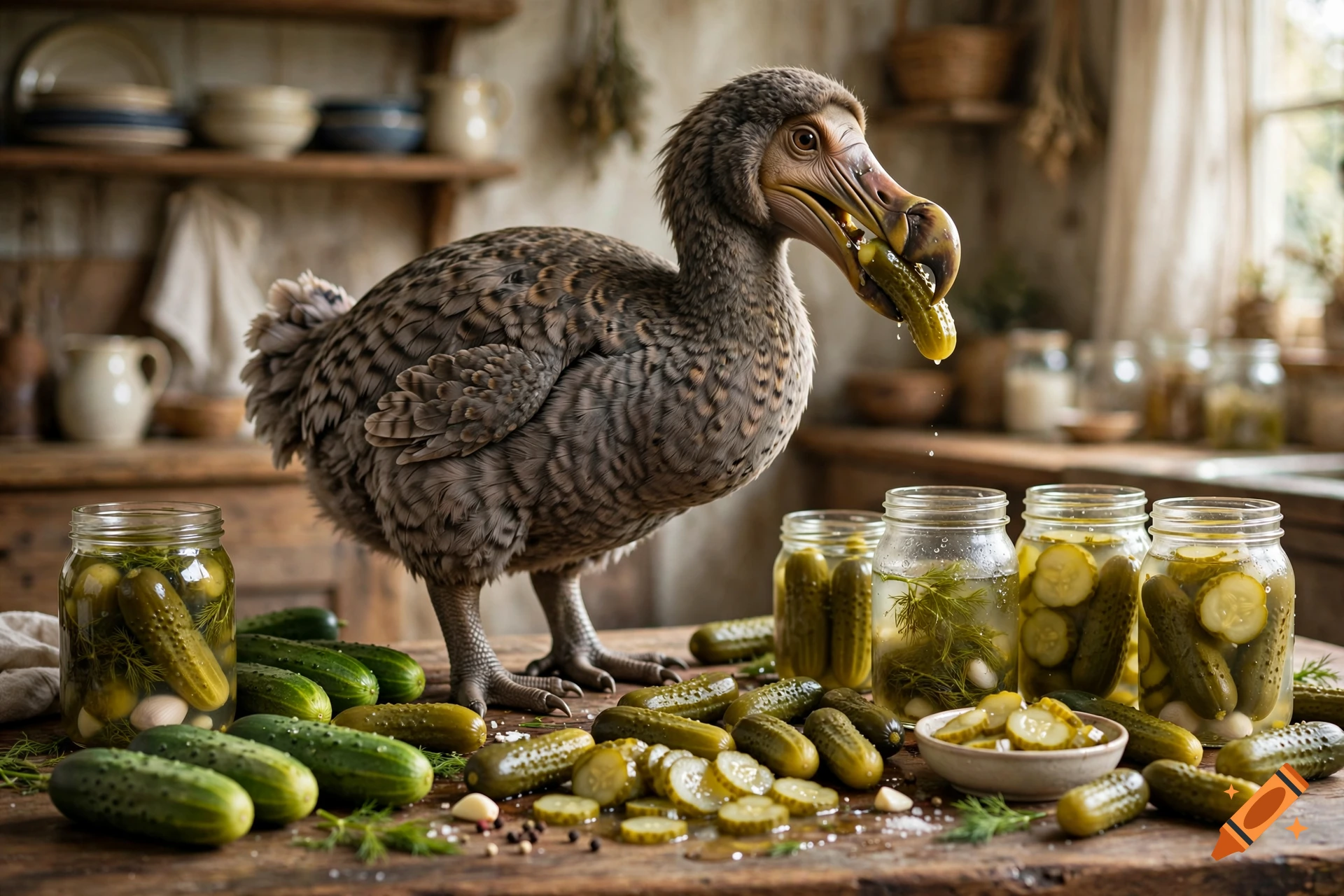 Photorealistic dodo bird standing on a wooden table in a rustic kitchen, eating a pickle surrounded by jars of pickles and cucumbers.