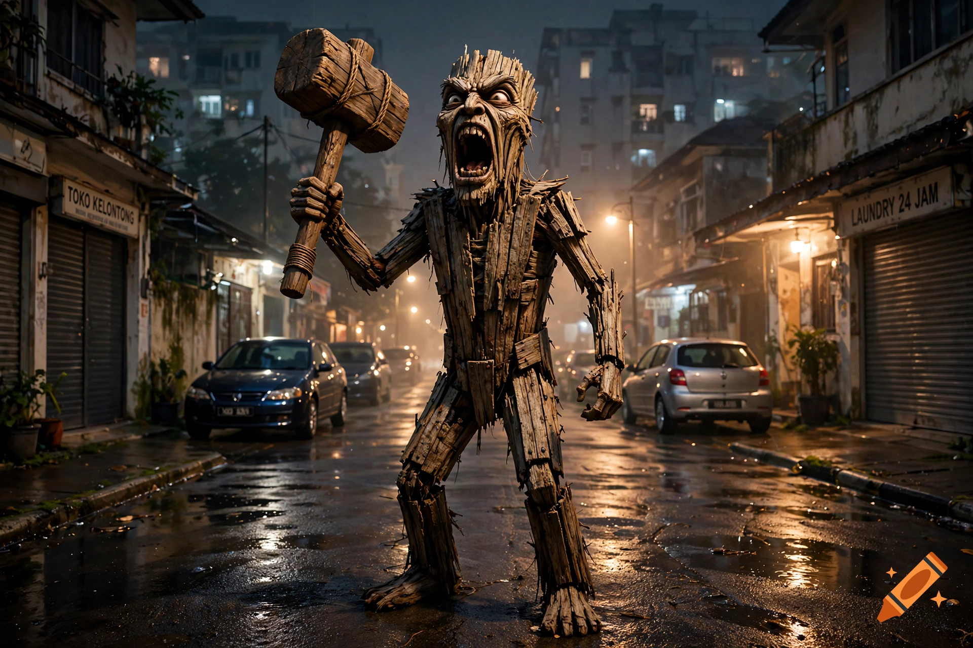 A terrifying wooden creature holding a wooden mallet, roaring on a wet street at night in a city.