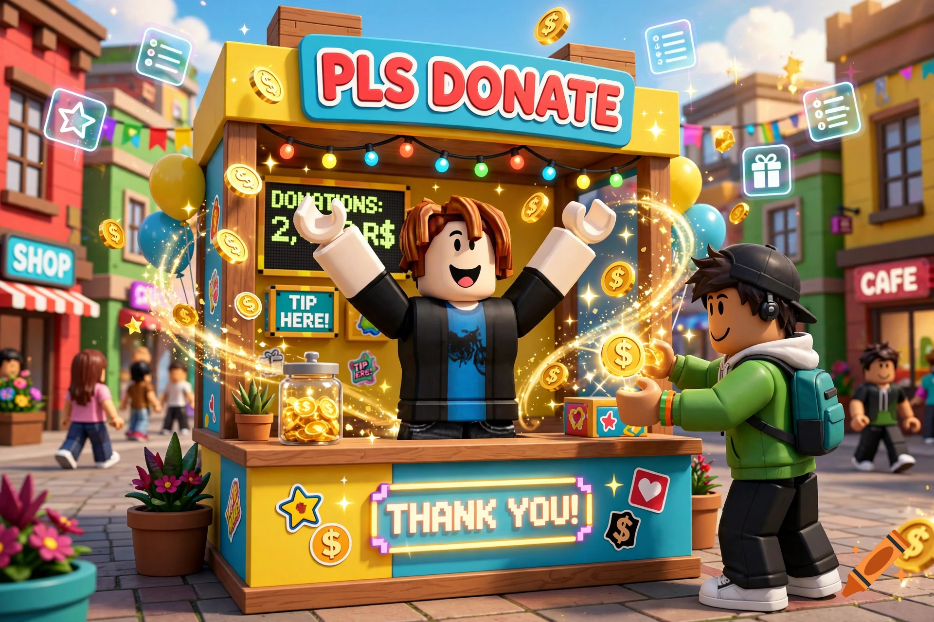 Roblox bacon hair character at a pls donate stand receiving robux coins from another player in a vibrant town square 3D render.