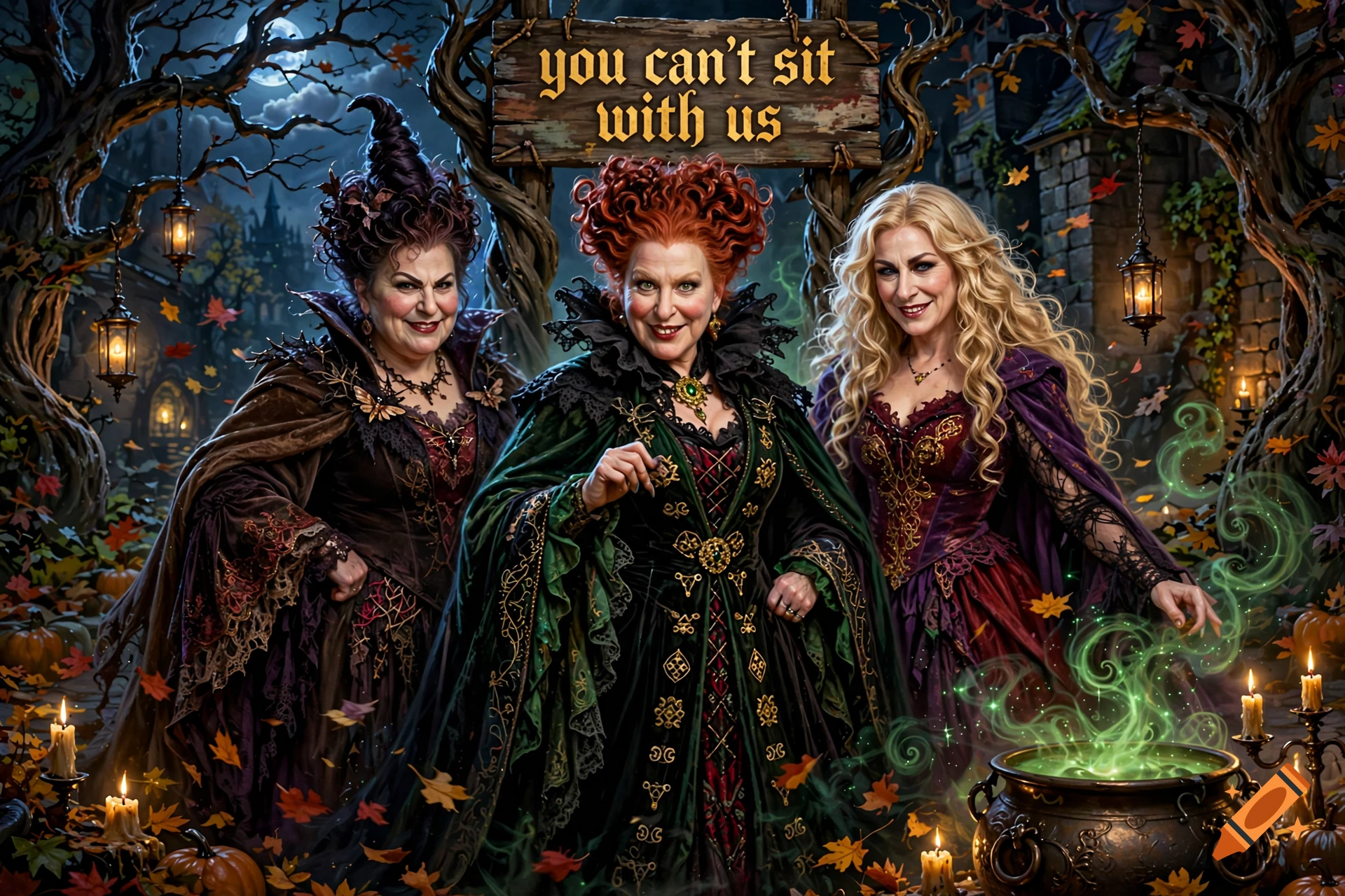The three witches from Hocus Pocus stand outdoors at night near a cauldron, with a wooden sign reading "you can't sit with us" above them.