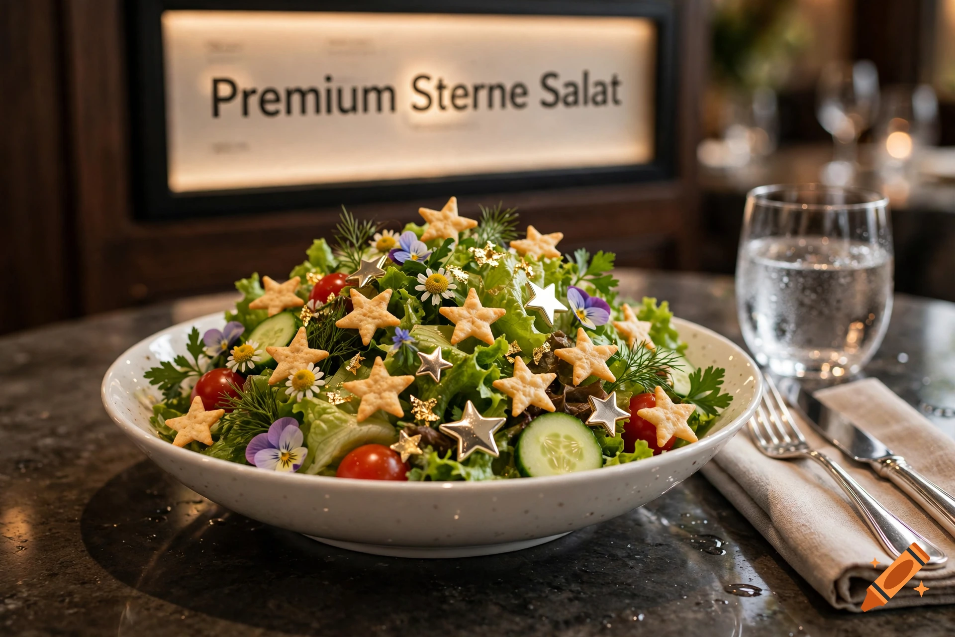A gourmet salad garnished with star-shaped crackers, cherry tomatoes, and edible flowers served in a white bowl on a restaurant table.