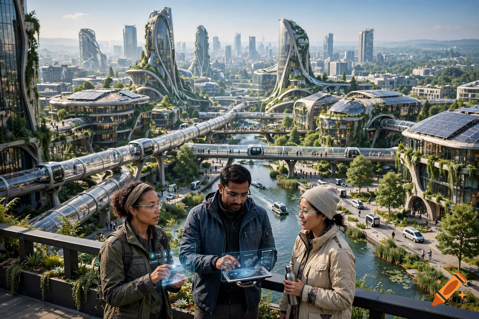 Three people interacting with holographic interfaces on a balcony overlooking a futuristic green city with monorails, photorealistic.