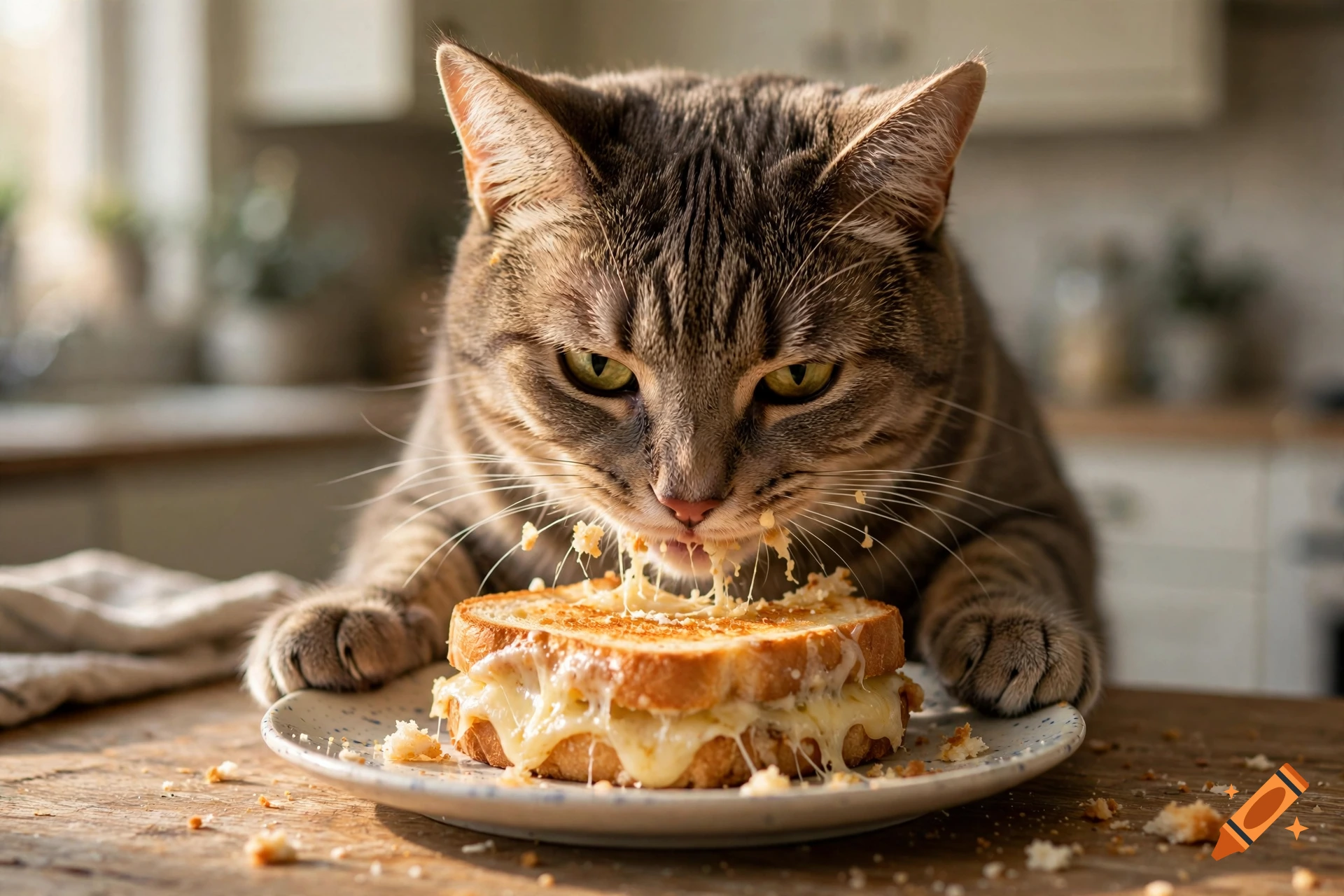 A tabby cat eating a grilled cheese sandwich from a plate on a table.