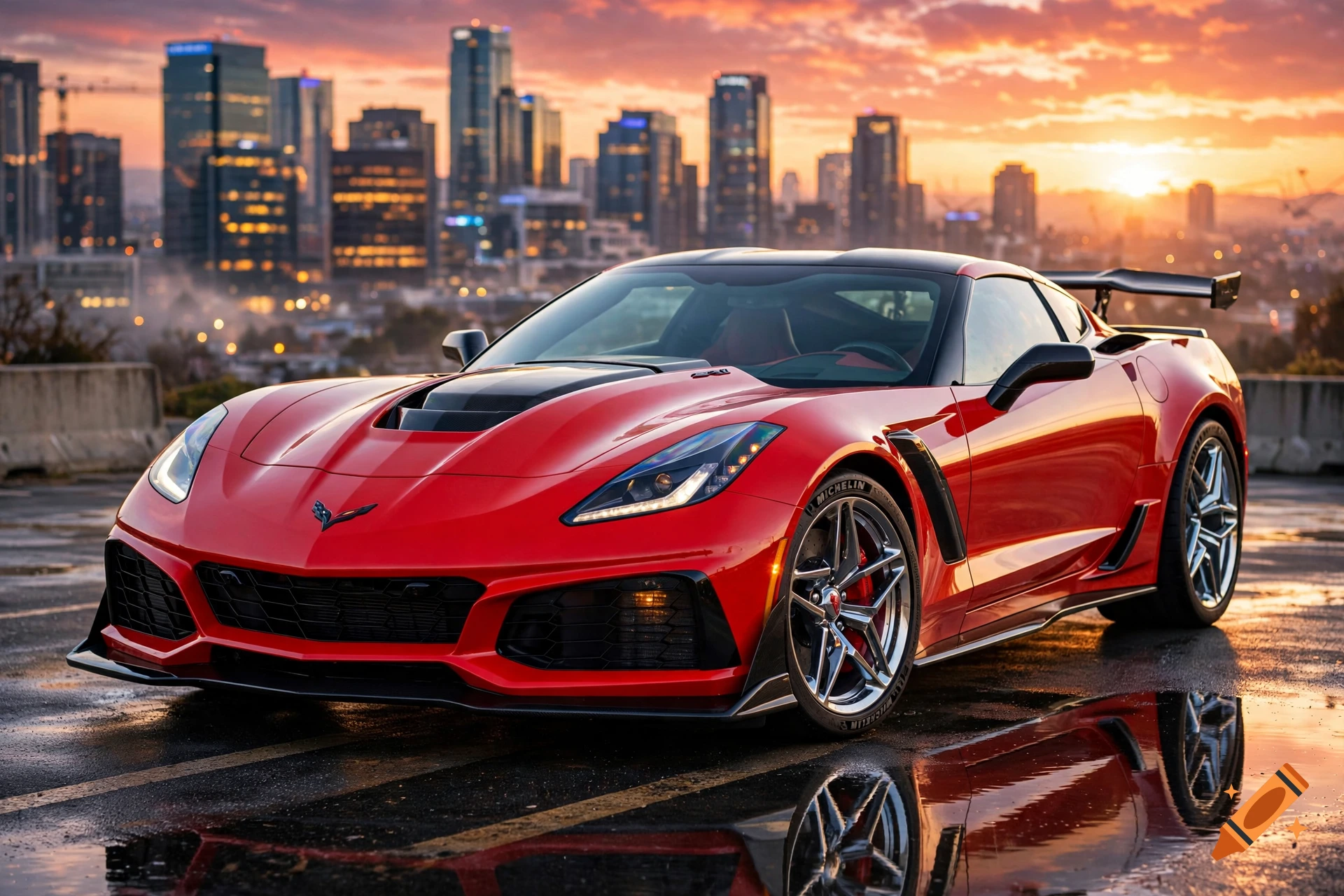 Photorealistic red sports car parked on a wet surface reflecting a city skyline during a vibrant sunset.