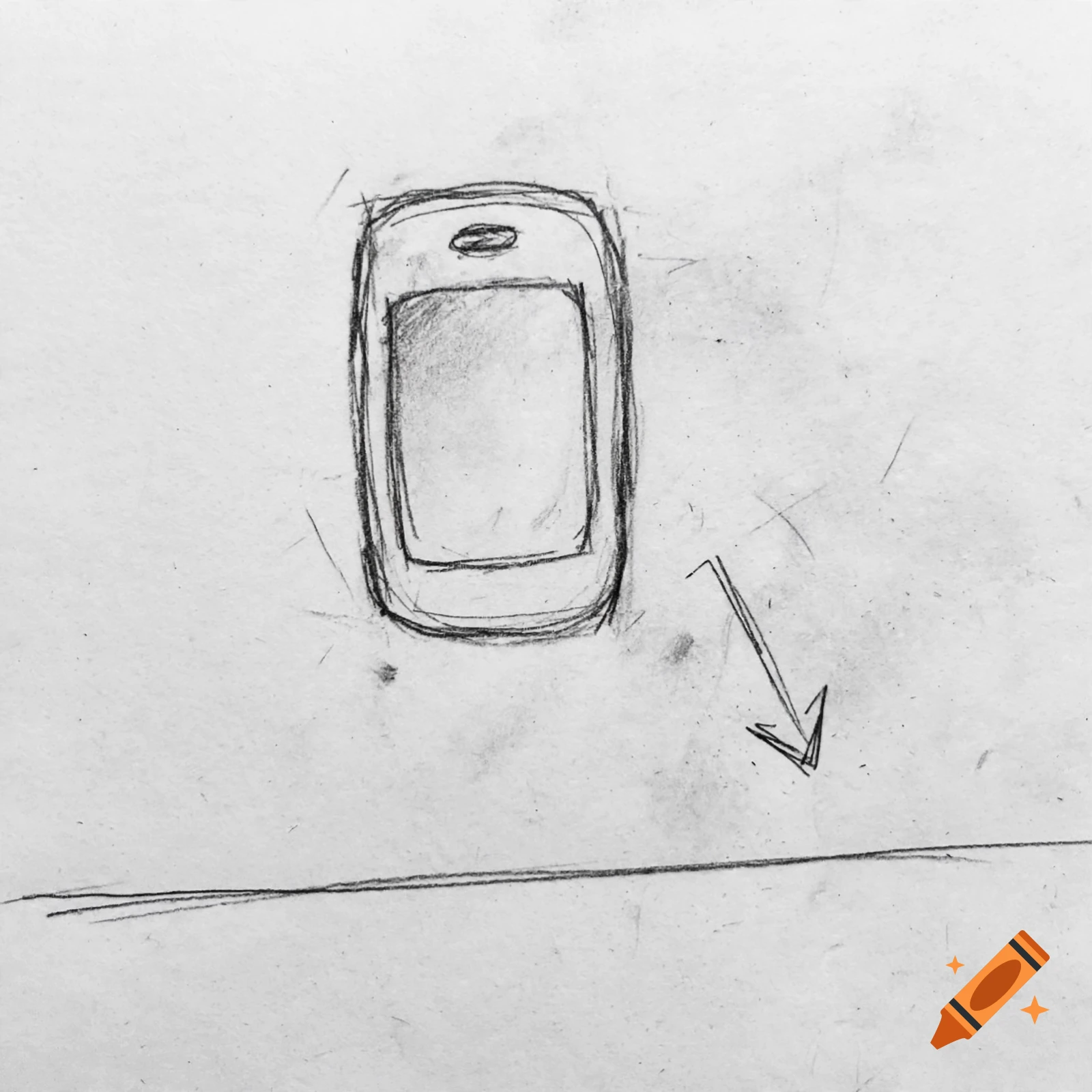 Pencil sketch of a smartphone pointing down with an arrow on textured white paper.