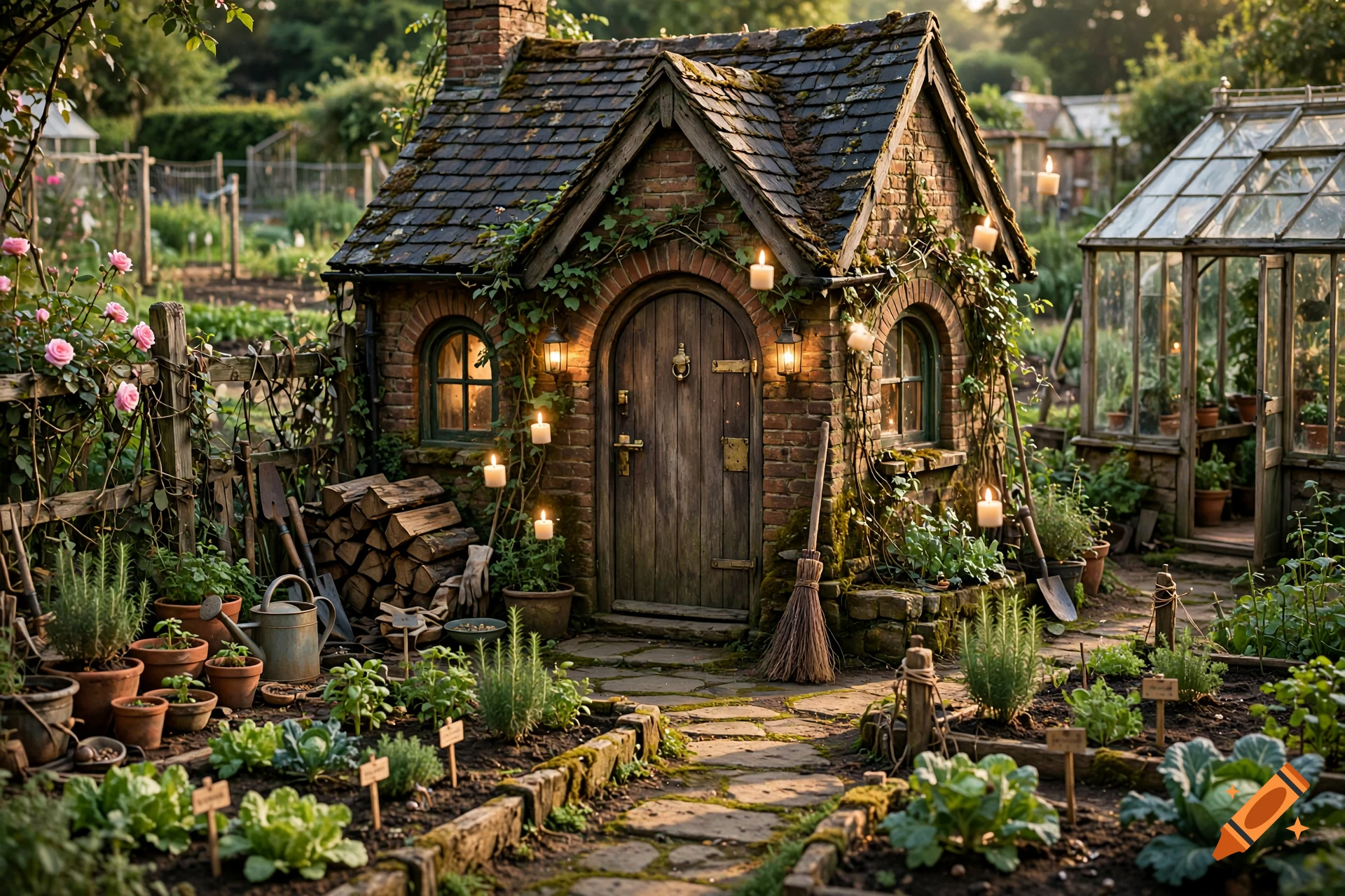 Photorealistic image of a cozy brick cottage with a thatched roof and candles in a lush fantasy garden.