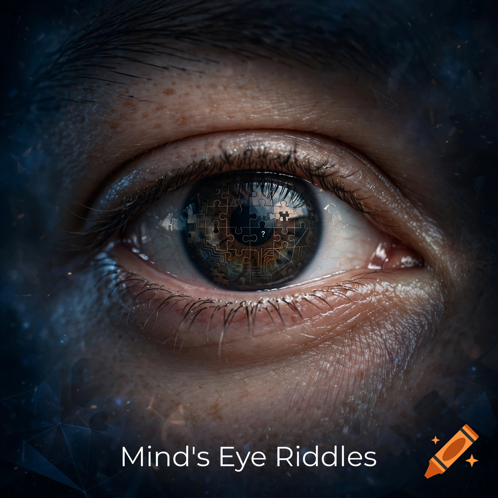 Close-up photorealistic image of a human eye with a puzzle and circuitry pattern reflected in the iris, with the text Mind's Eye Riddles at the bottom.