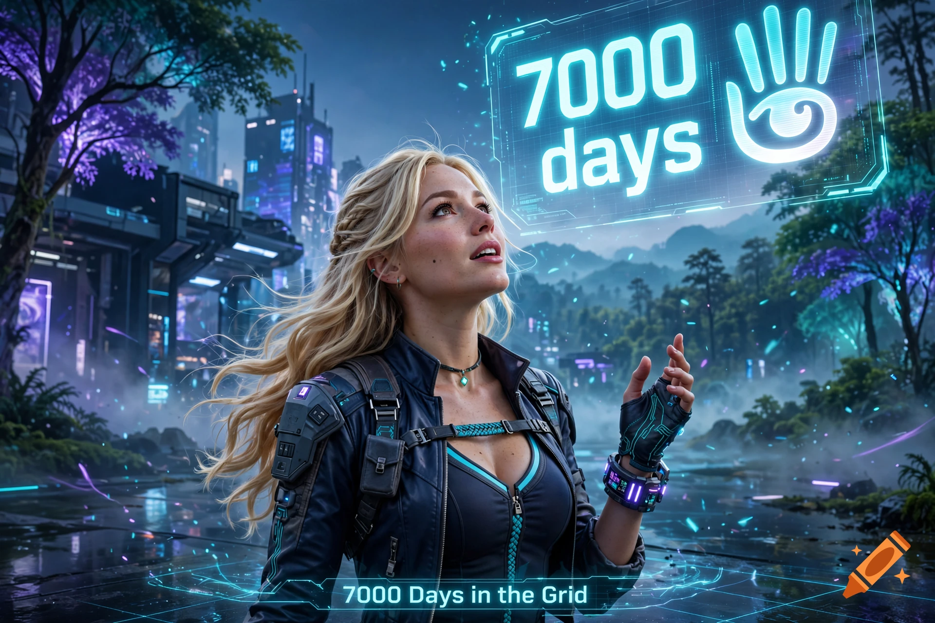 A blonde avatar in a futuristic outfit looking up at a glowing holographic sign saying 7000 days, in a cyberpunk city setting, photorealistic render.