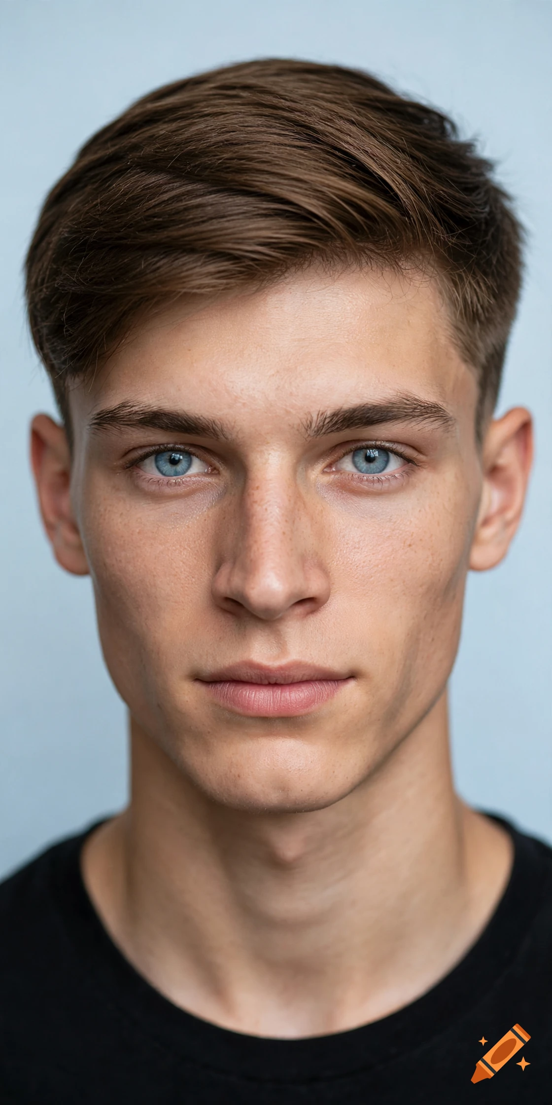 Close-up photorealistic portrait of a young man with blue eyes and brown hair.