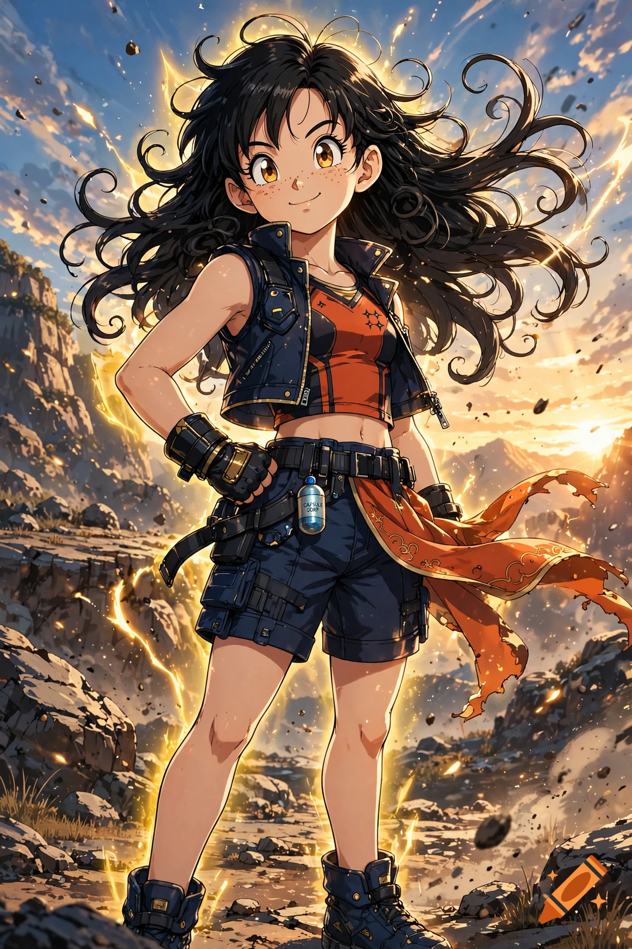 Anime style illustration of a young female warrior with long dark hair and adventure gear standing in a rocky landscape.