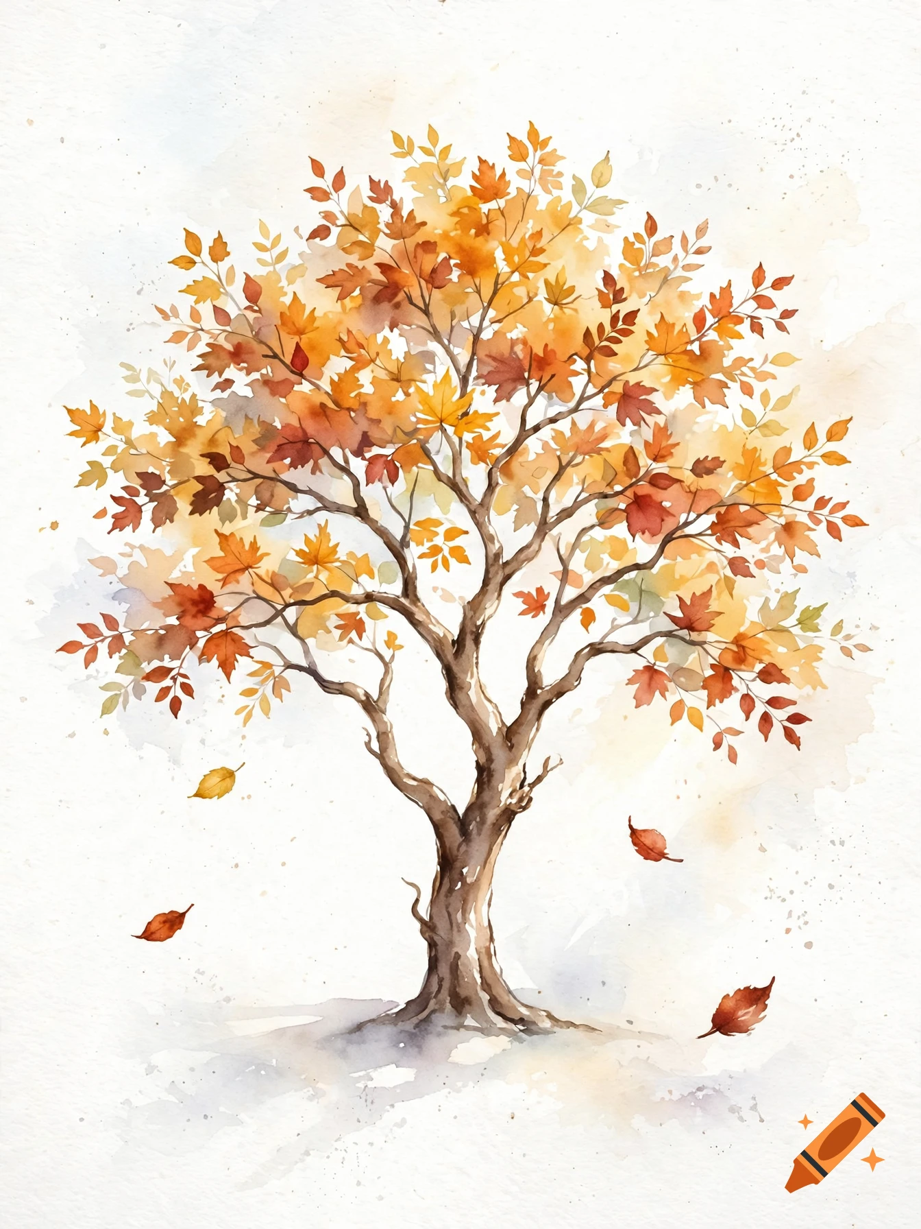 Watercolor painting of an autumn tree with warm orange and yellow leaves, set against a light background.