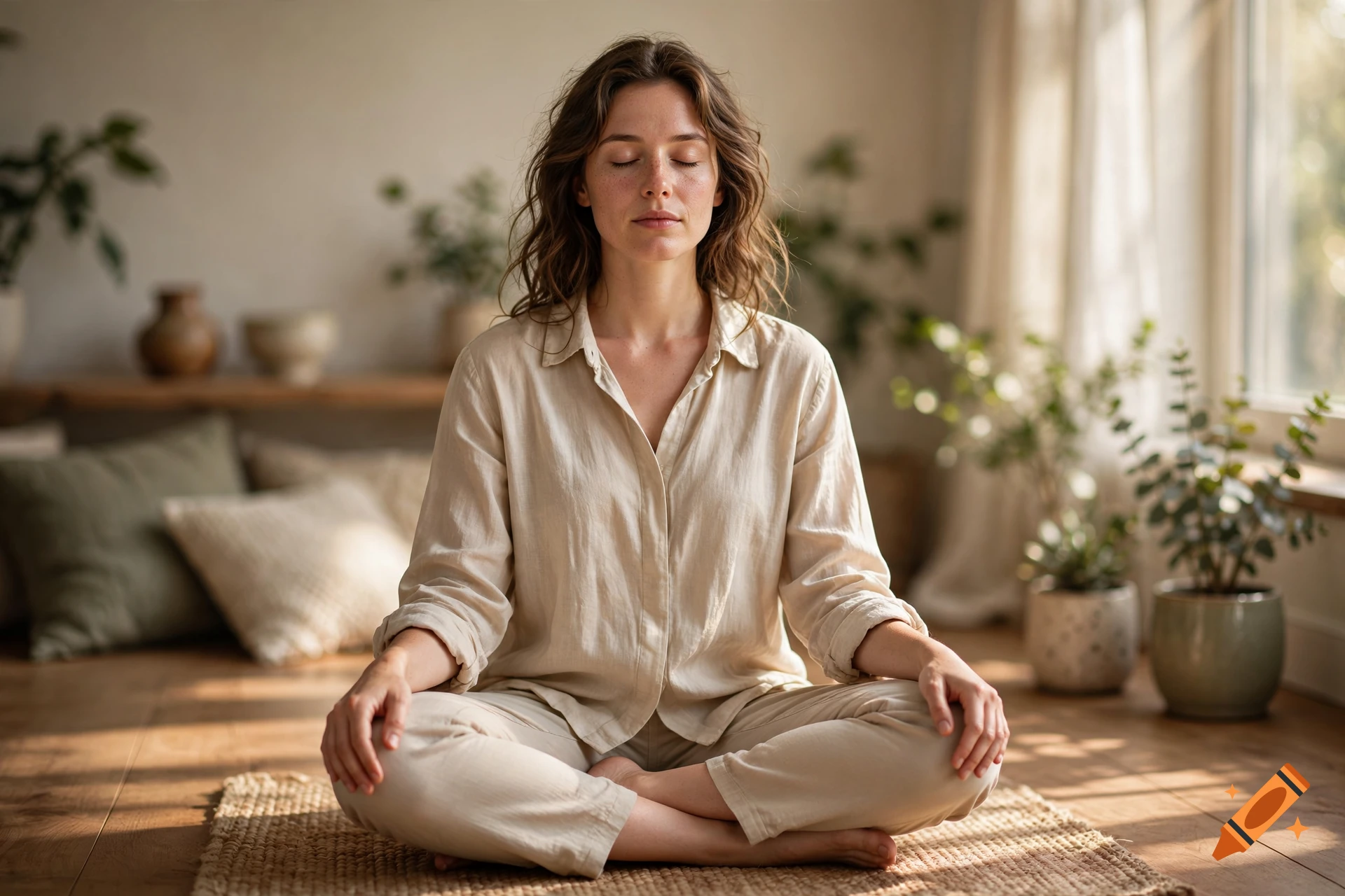 Photorealistic image of a young woman meditating in a cross-legged position on a mat in a sunlit room.