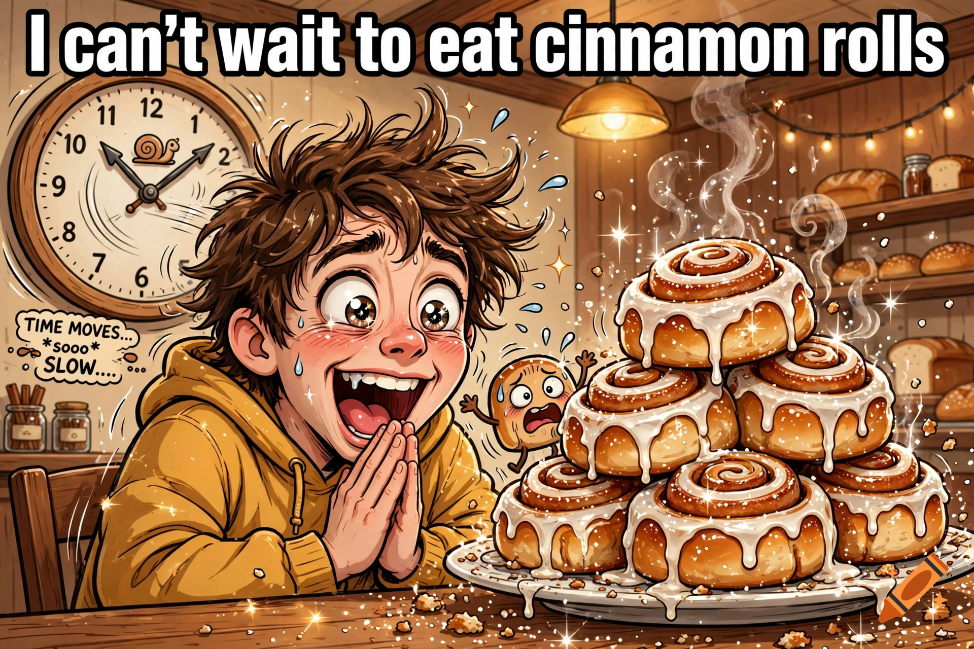 An excited boy with wide eyes stares at a towering stack of cinnamon rolls in a bakery, with a clock moving fast in the background.