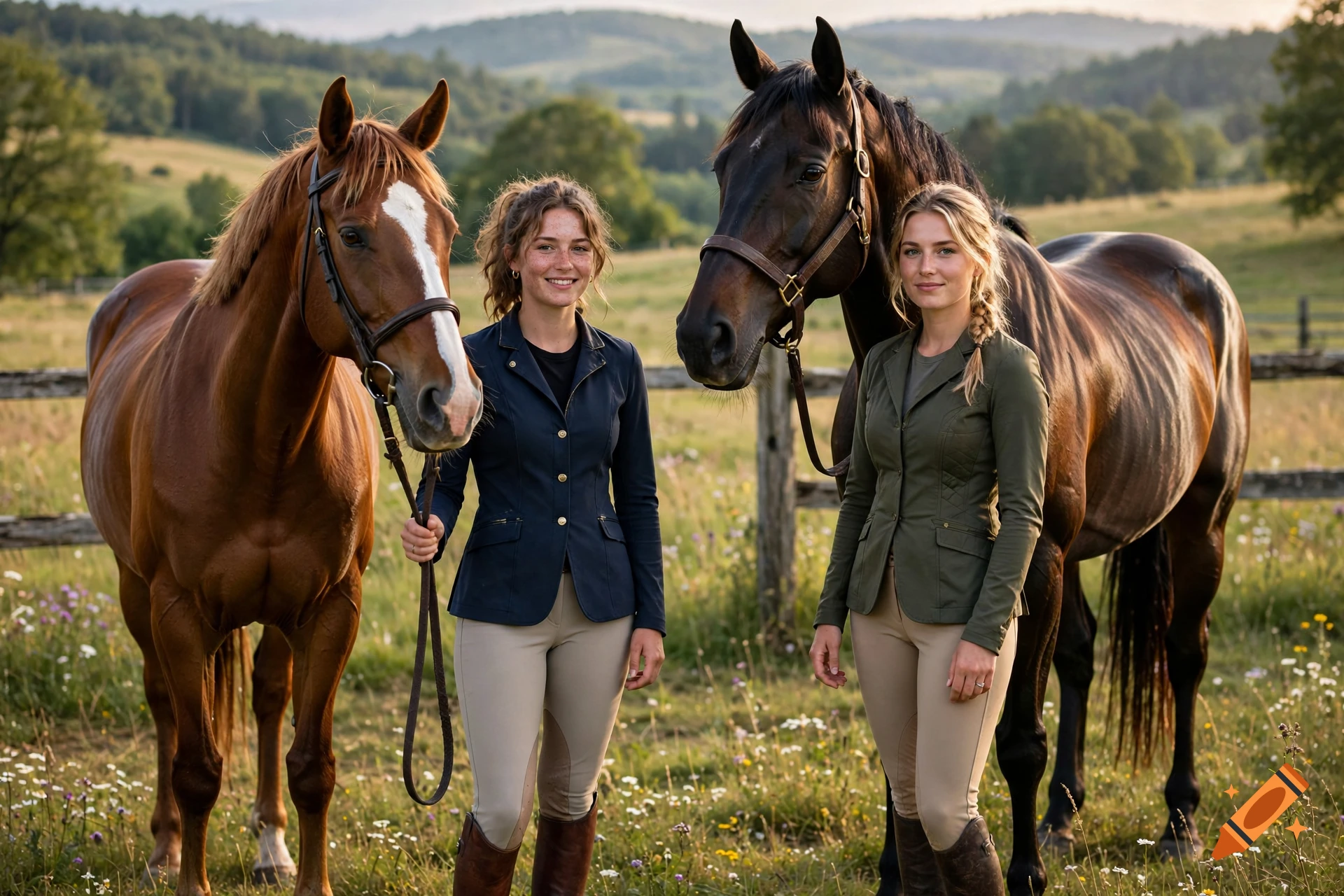 Photorealistic image of two young women in riding gear standing in a field next to their horses.