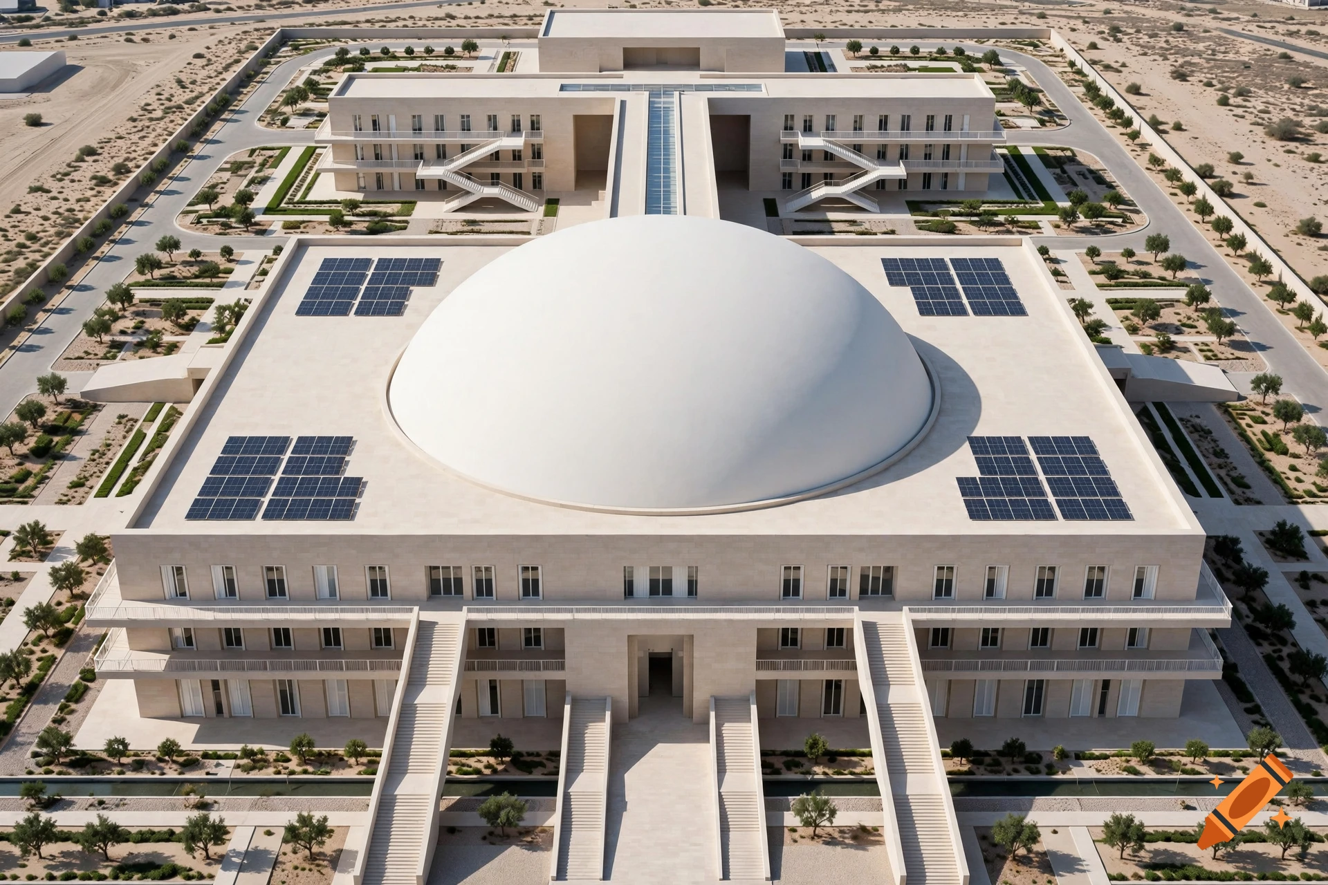 Aerial drone photograph of a modern minimalist Arabic palace with a large central dome and solar panels on the roof.