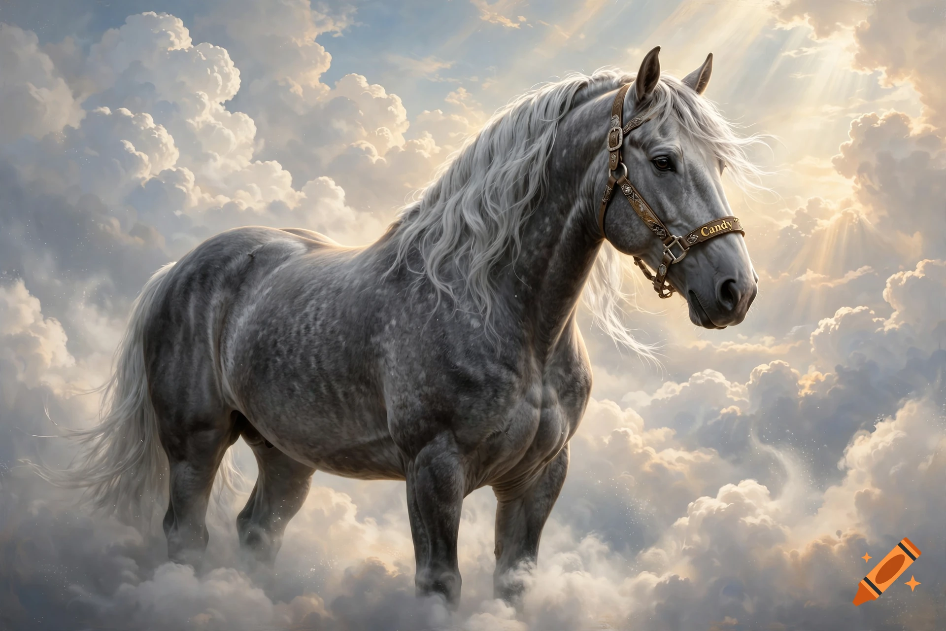 A heavy gray horse with a white mane stands among clouds in heaven, wearing a halter with the name Candy.