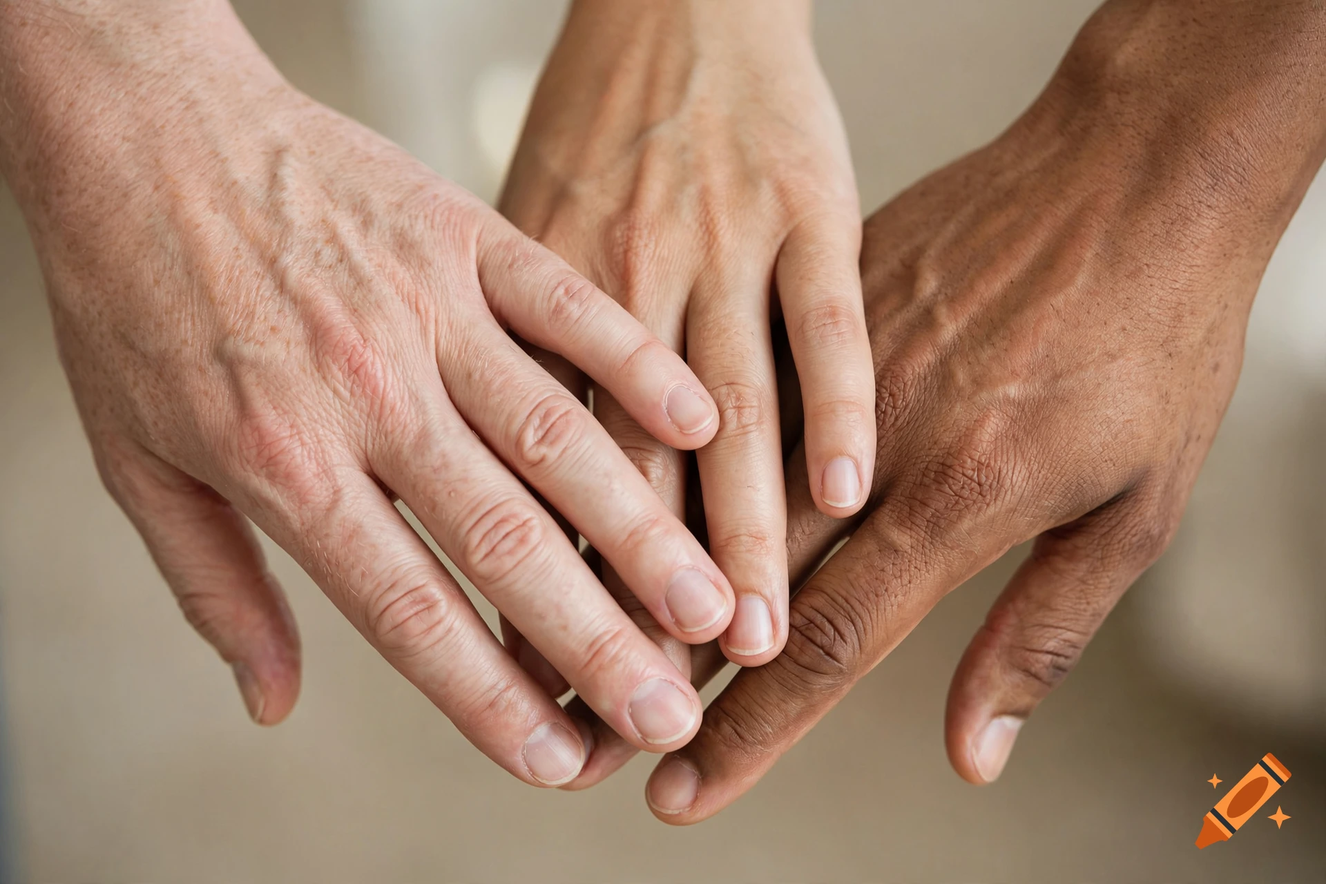 Close-up of three people of different ethnicities stacking their hands together in unity.