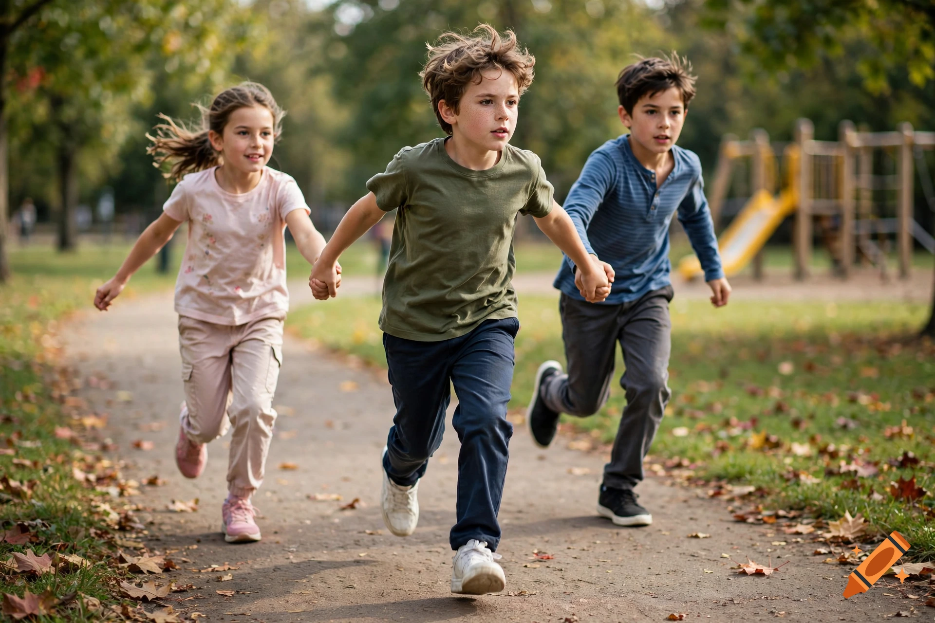 Three young children holding hands and running along a path in a park.