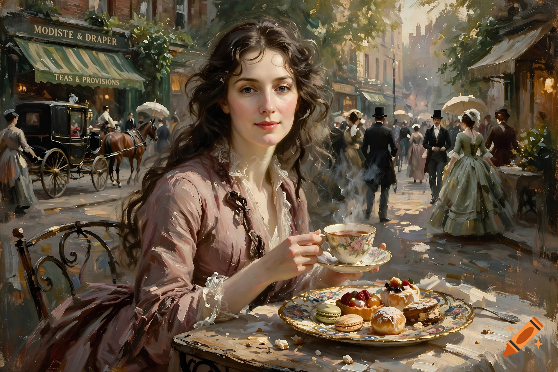 Oil painting of a Victorian woman holding a teacup at an outdoor cafe on a bustling London street.