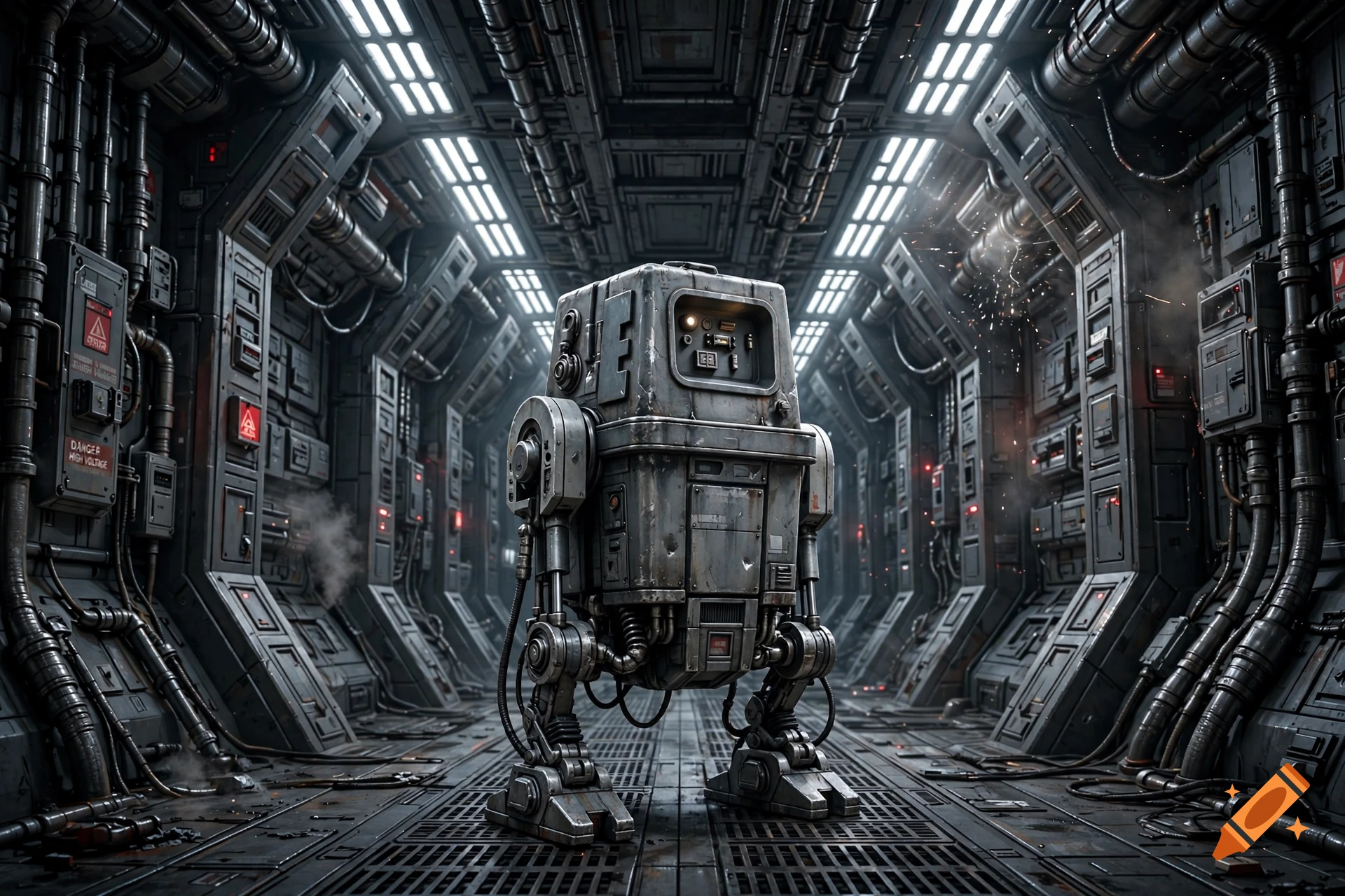 A photorealistic Gonk droid standing in a metallic, industrial spaceship corridor.