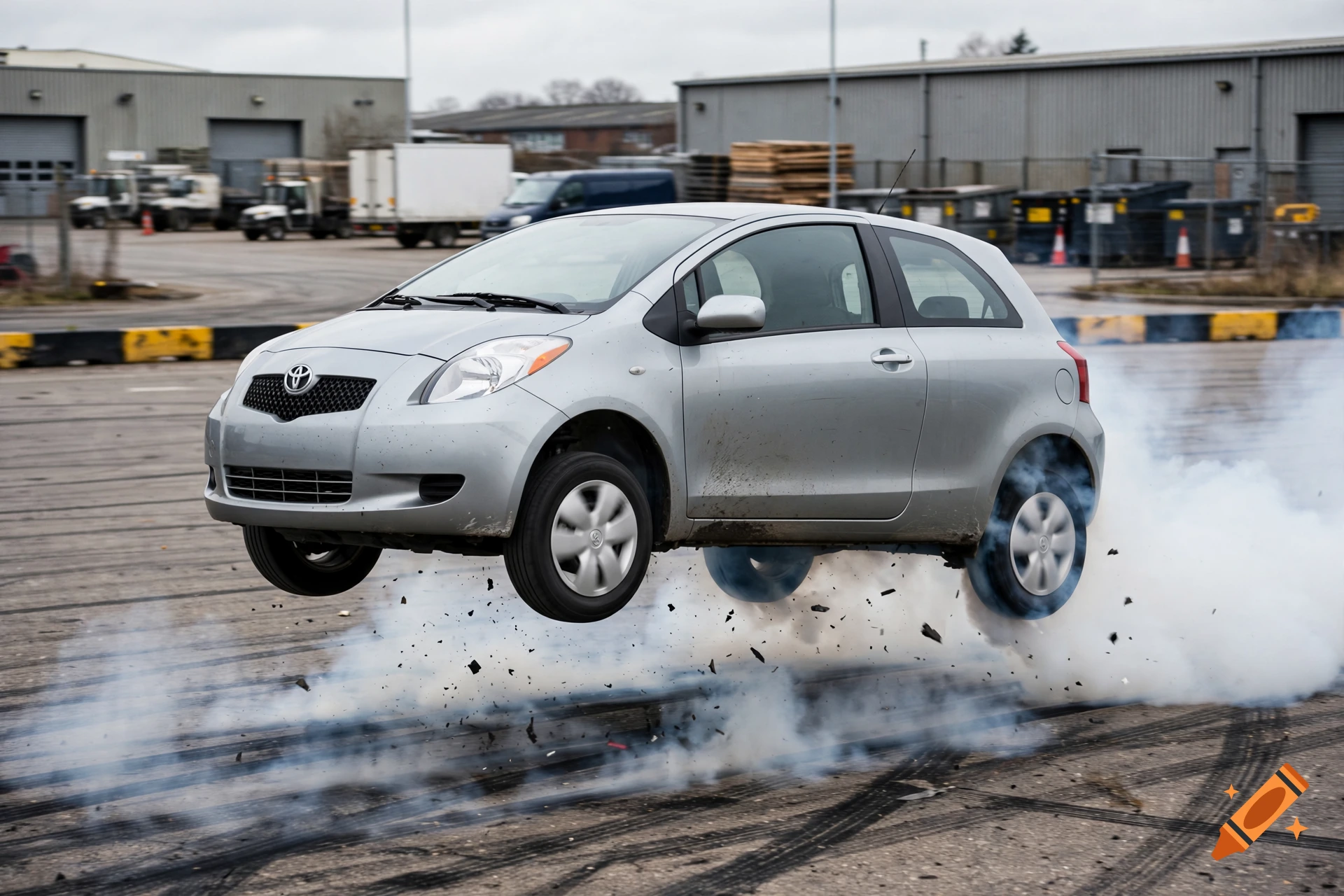 Photorealistic image of a silver Toyota Yaris hatchback jumping in the air and doing a burnout in an industrial parking lot, surrounded by smoke.