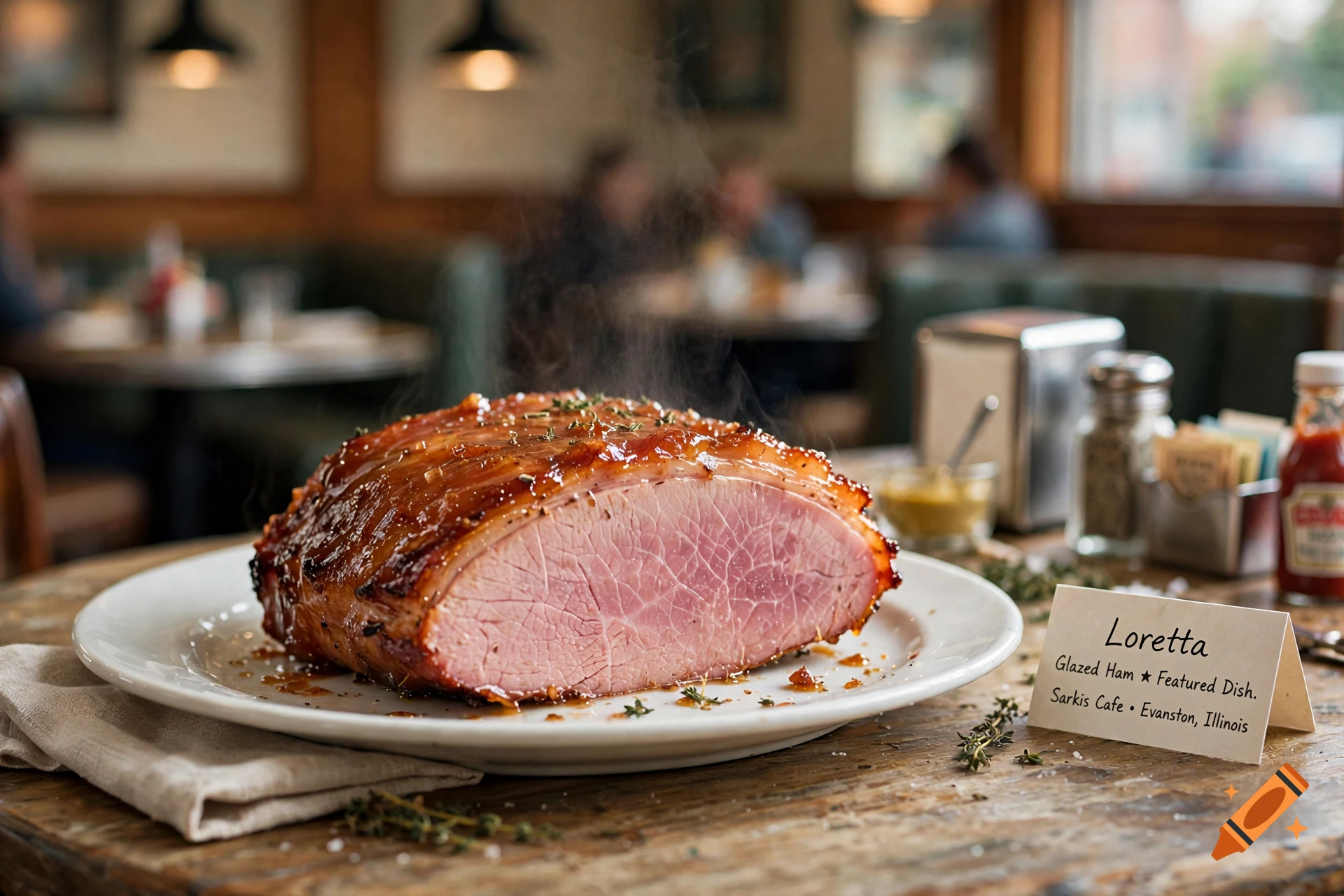 Photorealistic image of a glazed ham on a white plate with a table tent card reading Loretta inside a diner.