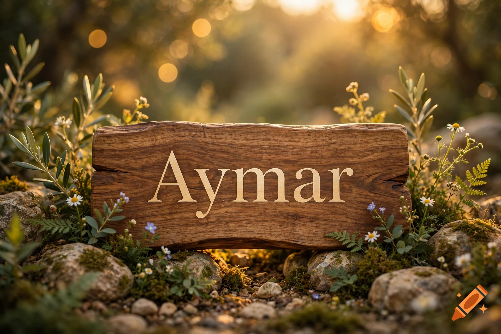 A wooden sign with the name 'Aymar' engraved in gold lettering, placed among rocks, green plants, and tiny white flowers outdoors in warm sunlight.