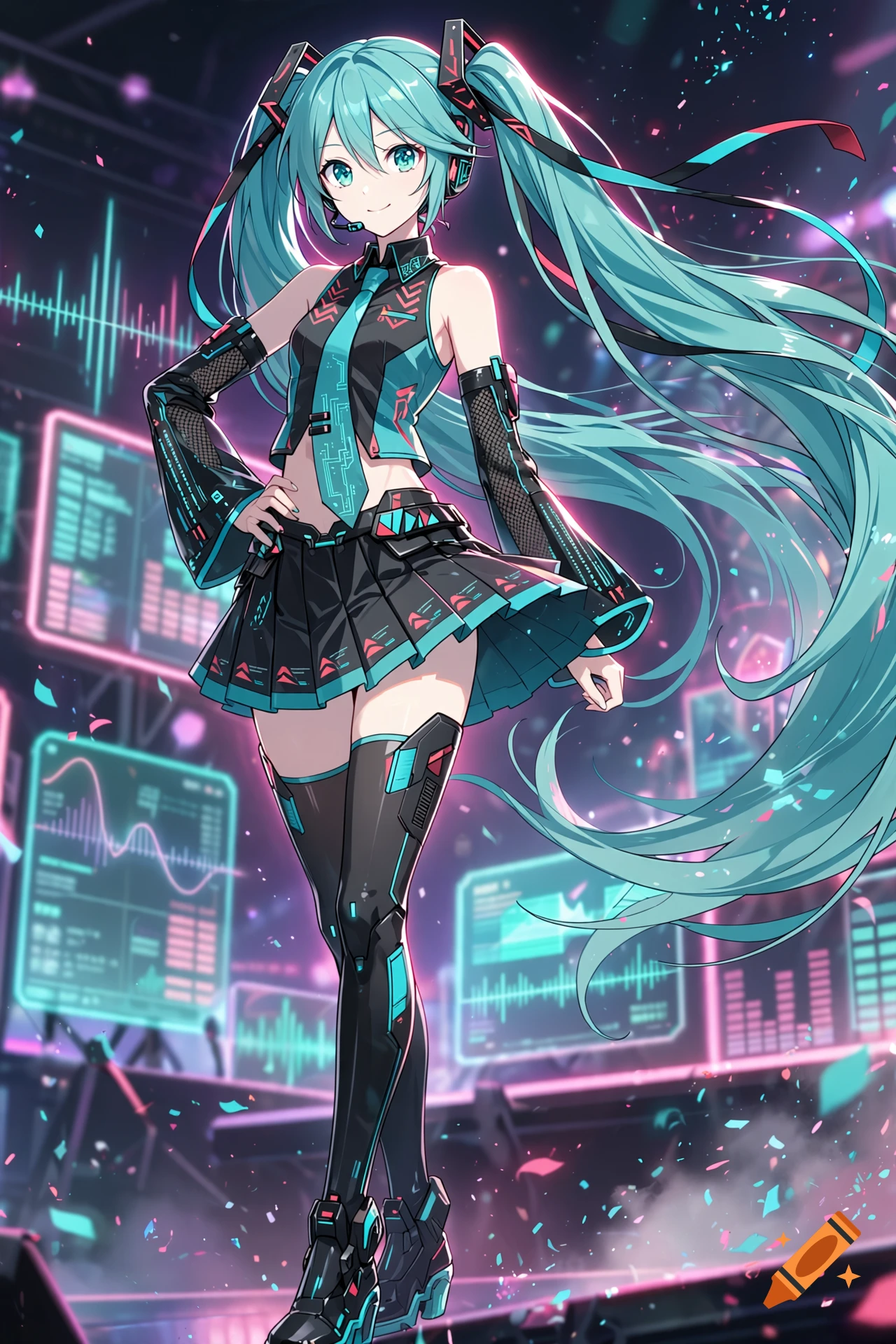 An anime illustration of Hatsune Miku with long turquoise twin-tails posing dynamically in a futuristic stage setting with glowing audio waveform screens.