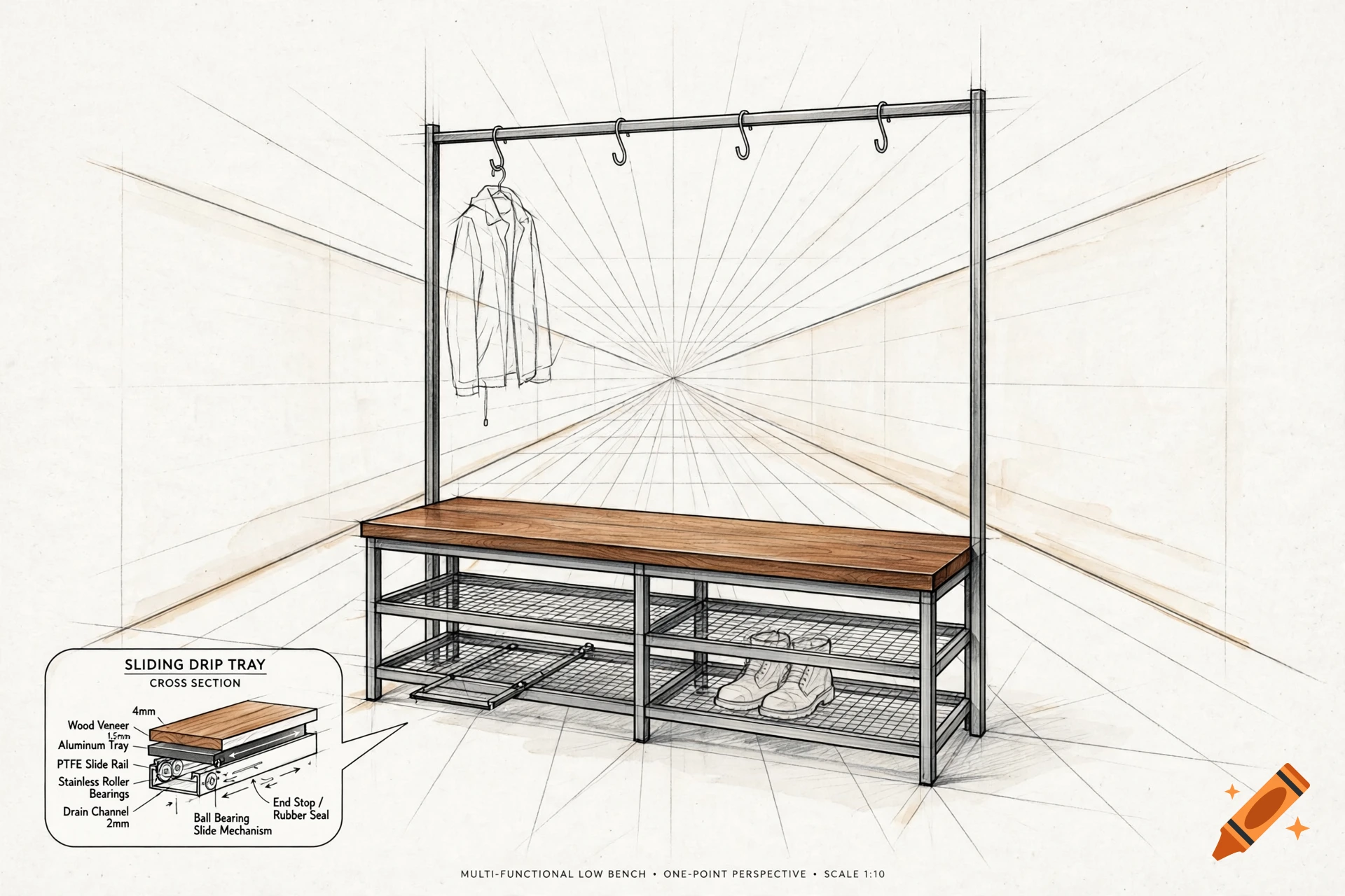 Architectural pencil sketch of a multi-functional low bench with a sliding drip tray and storage shelves in a 1-point perspective room.