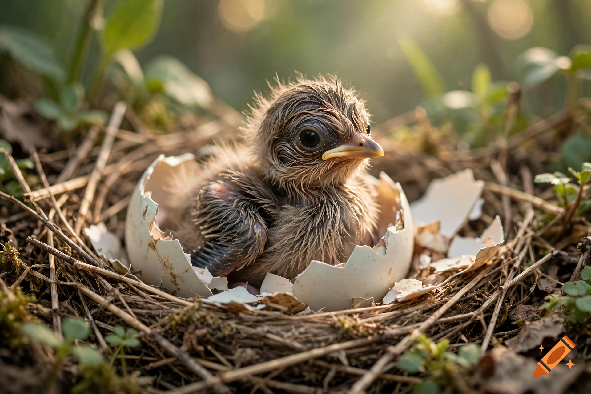 Photorealistic close-up of a newly hatched chick inside a broken eggshell in a nest.