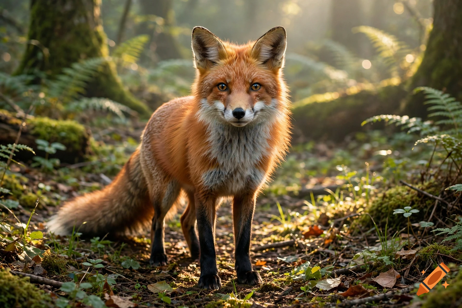 Photorealistic red fox standing in a sunlit forest surrounded by green ferns and mossy ground.