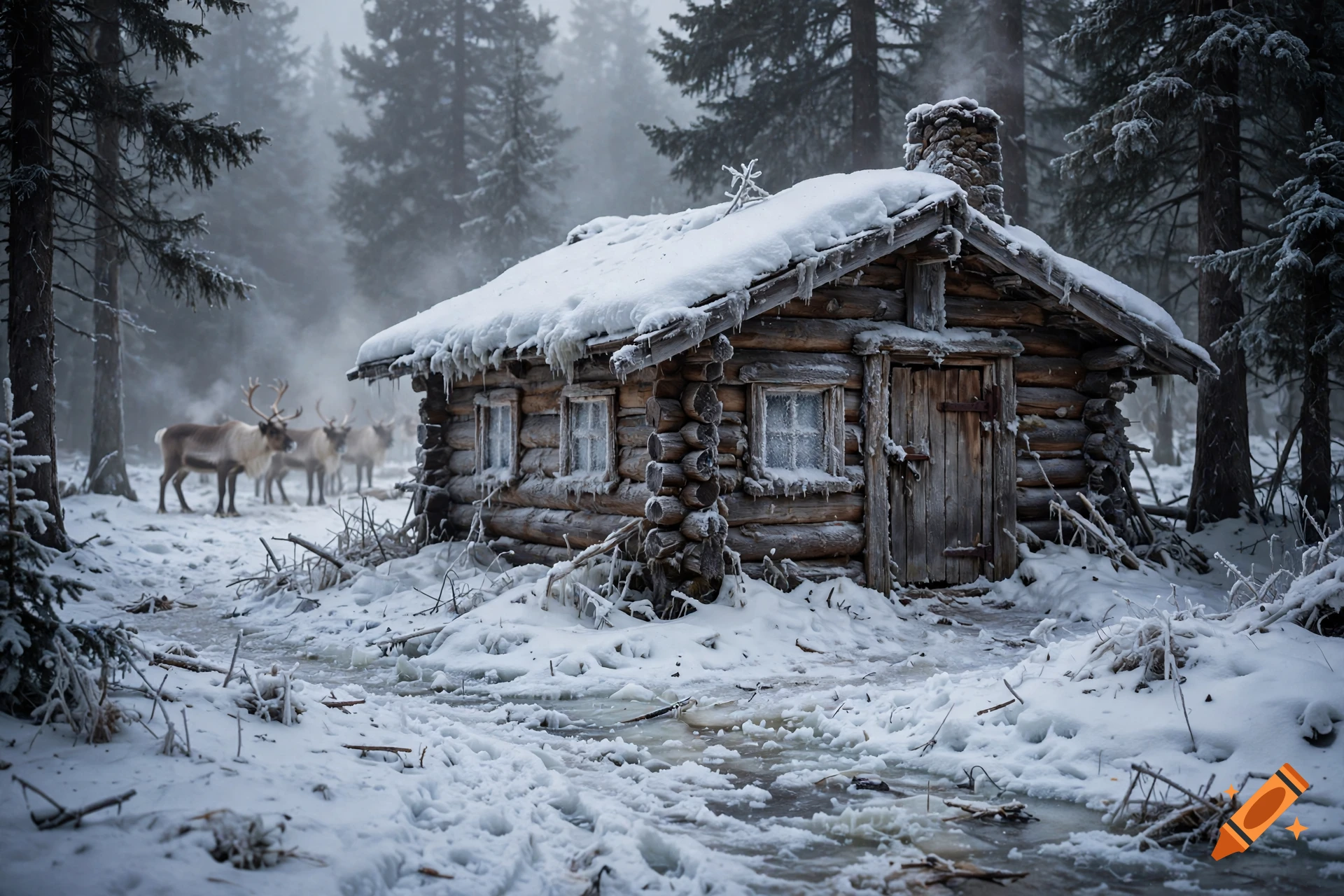 Photorealistic winter scene featuring a rustic snow-covered wooden cabin in a dense, misty forest with reindeer in the background.