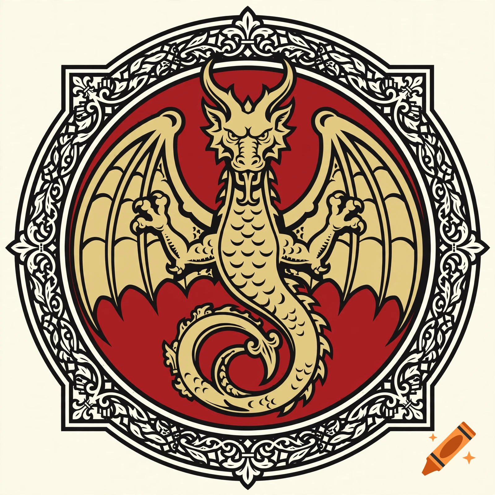 Heraldic gold dragon on a red background within an ornate circular frame, medieval bidimensional style illustration.