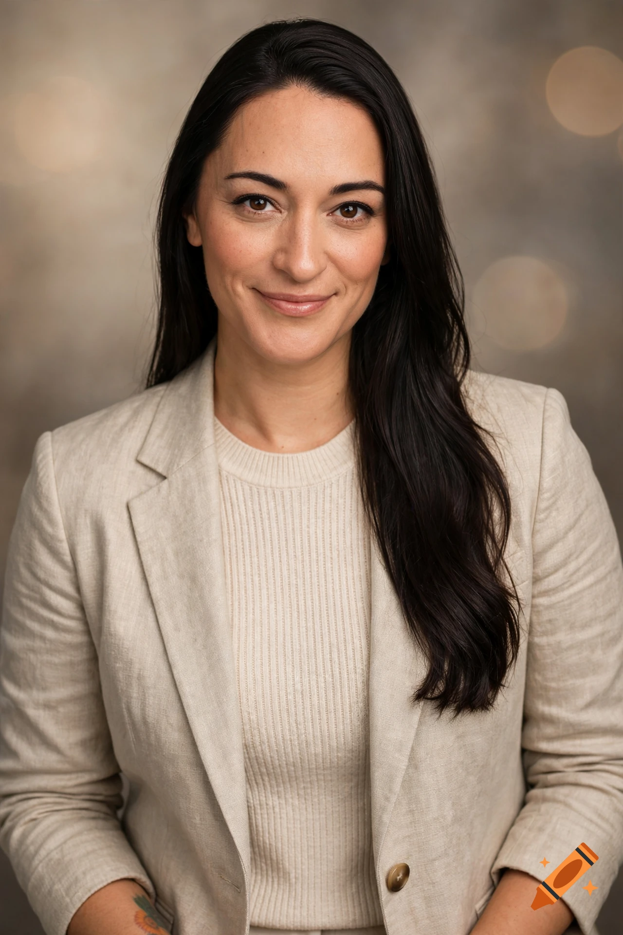 Portrait of a woman with long dark hair and a light beige blazer, smiling softly.
