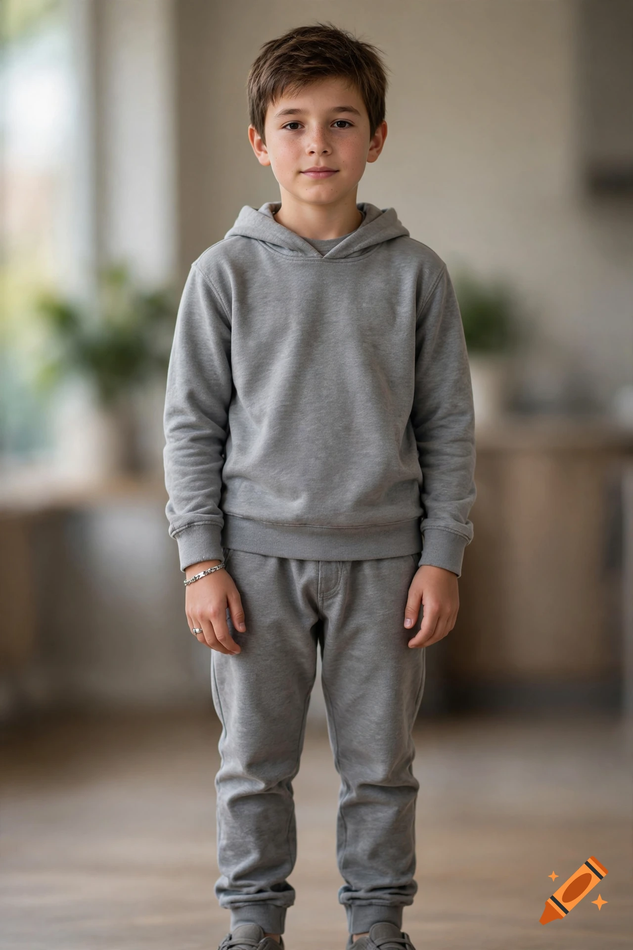 Photorealistic portrait of a young boy standing indoors wearing a gray hoodie and sweatpants.