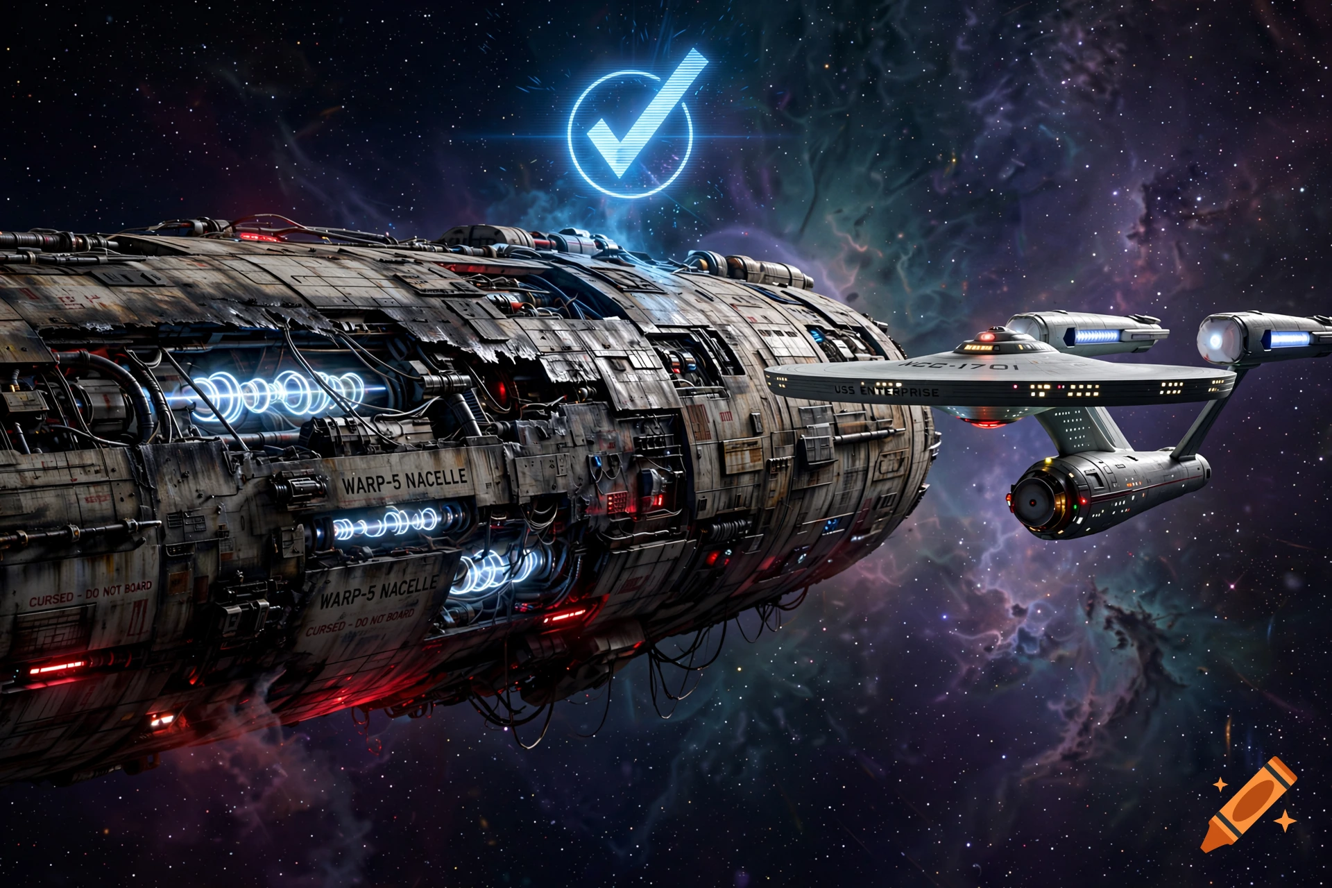 Photorealistic sci-fi scene of a massive warp nacelle spacecraft next to a Constitution-class starship in deep space.