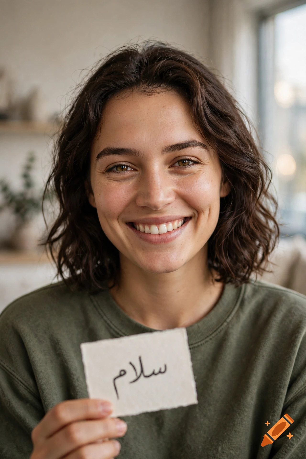 Close-up photorealistic portrait of a smiling woman holding a small paper card with Arabic text.