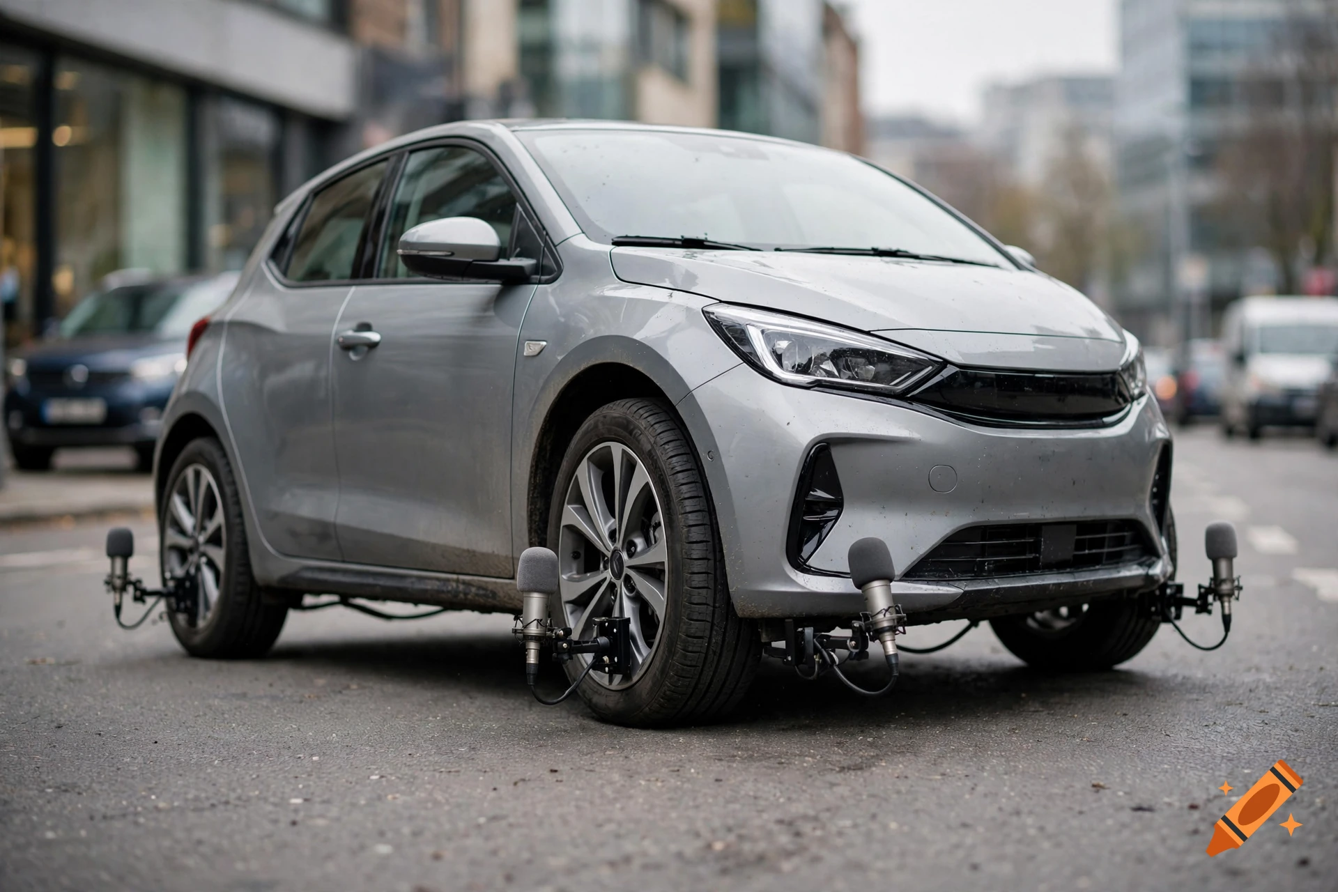 A photorealistic silver hatchback car parked on a city street, with microphones mounted on its tires and chassis.