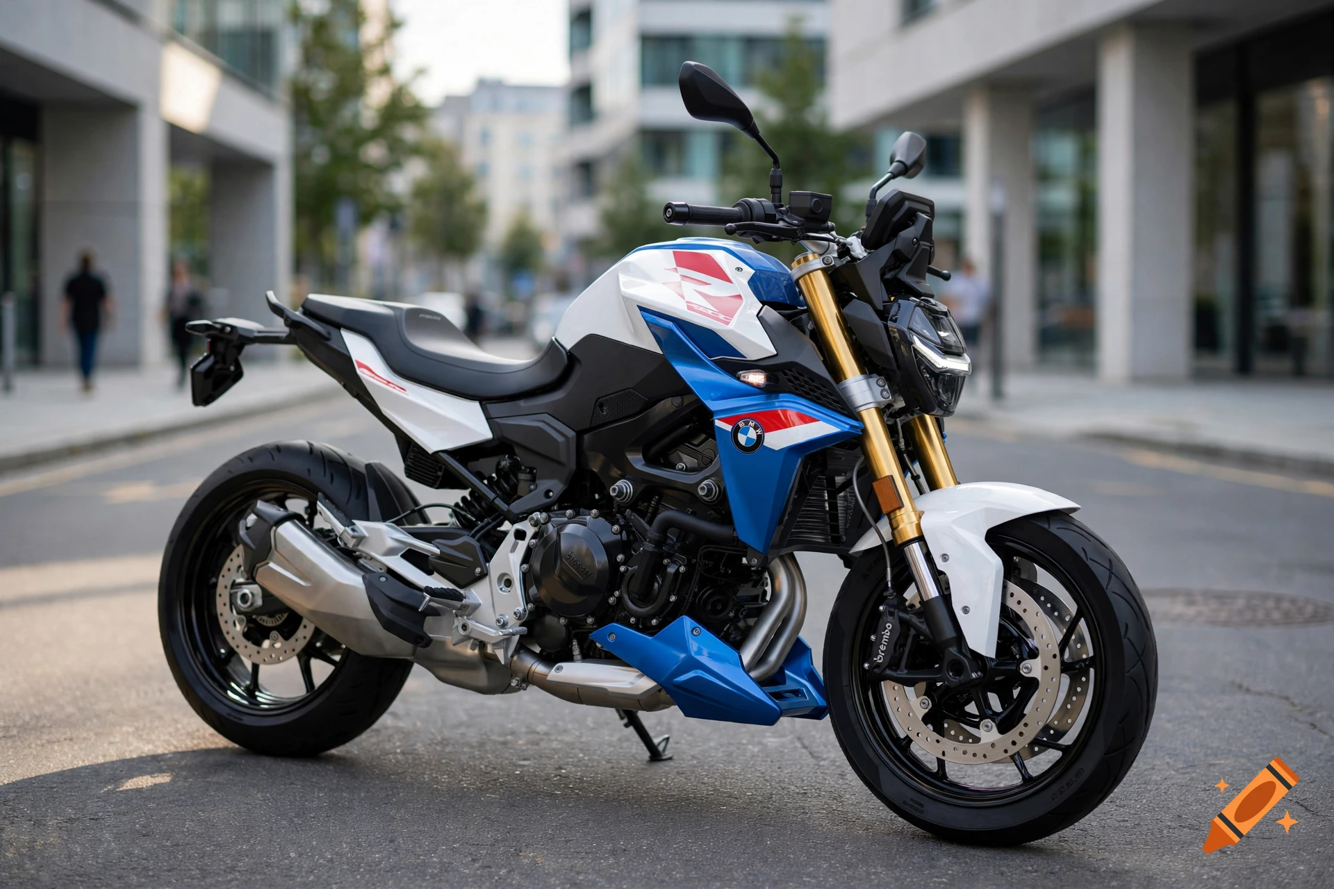Photorealistic shot of a BMW F900R motorcycle parked on a city street.