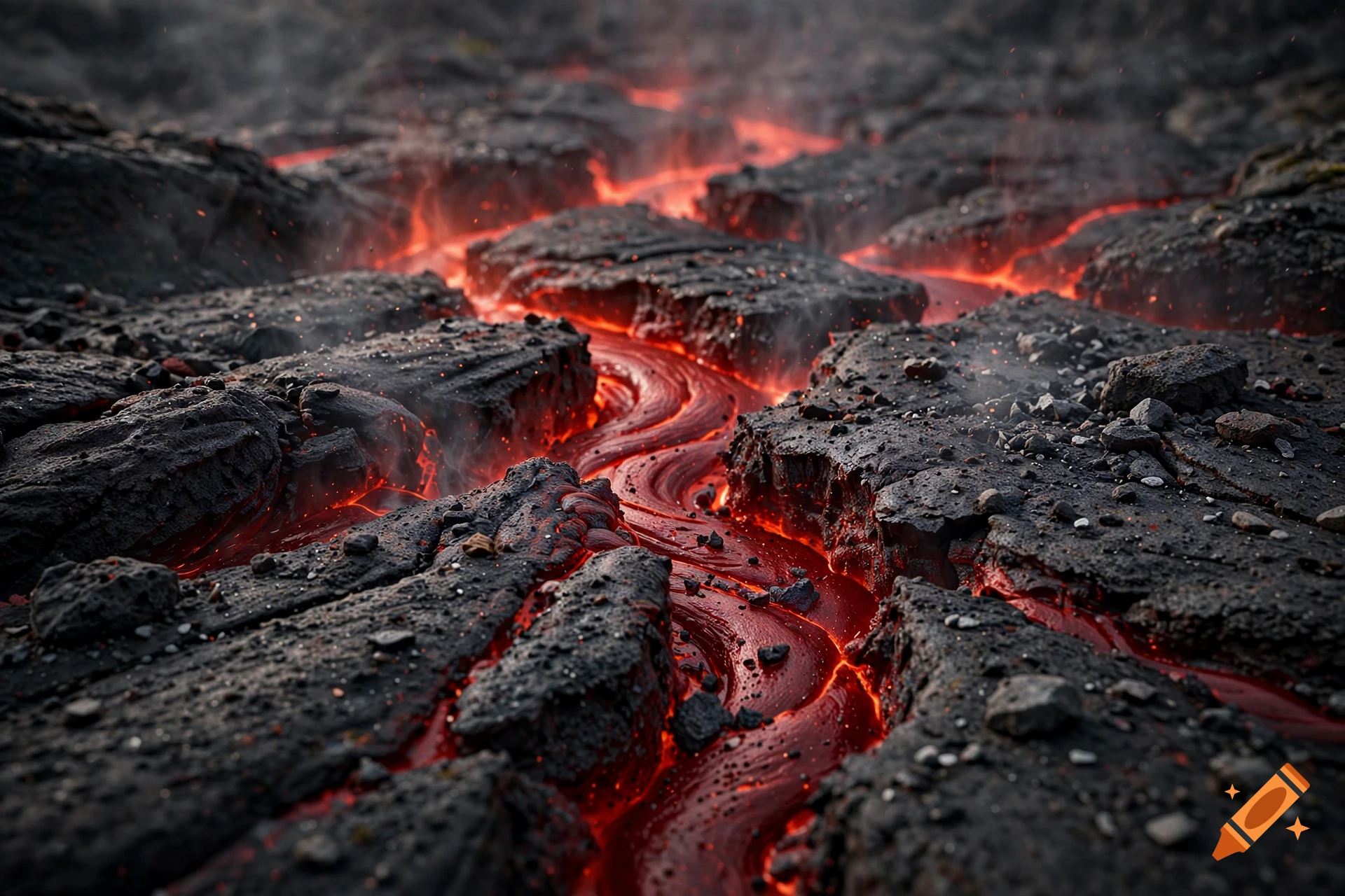 Close-up photorealistic shot of glowing red lava flowing between dark volcanic rock cracks.