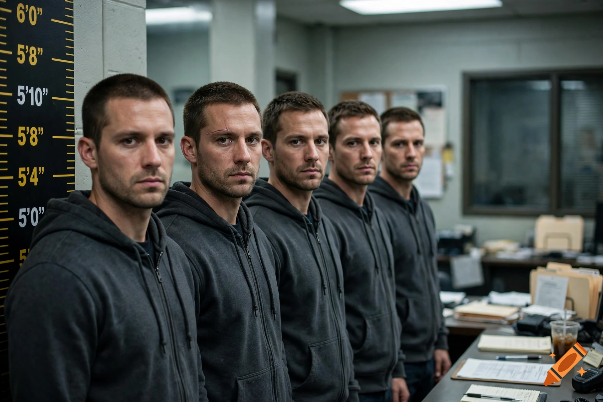 Photorealistic lineup of five identical-looking men in grey hoodies standing in a police station next to a height chart.